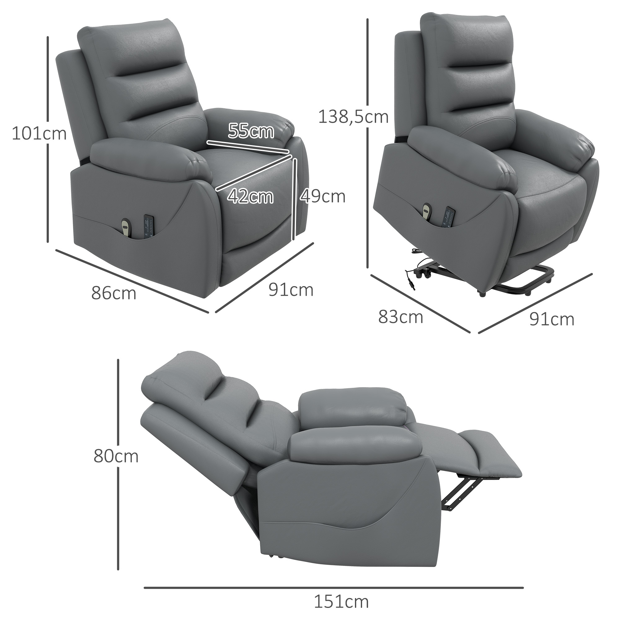 Relaxstoel met Opstahulp, Massagefunctie, Tot 180 kg, Kunstleer, Grijs