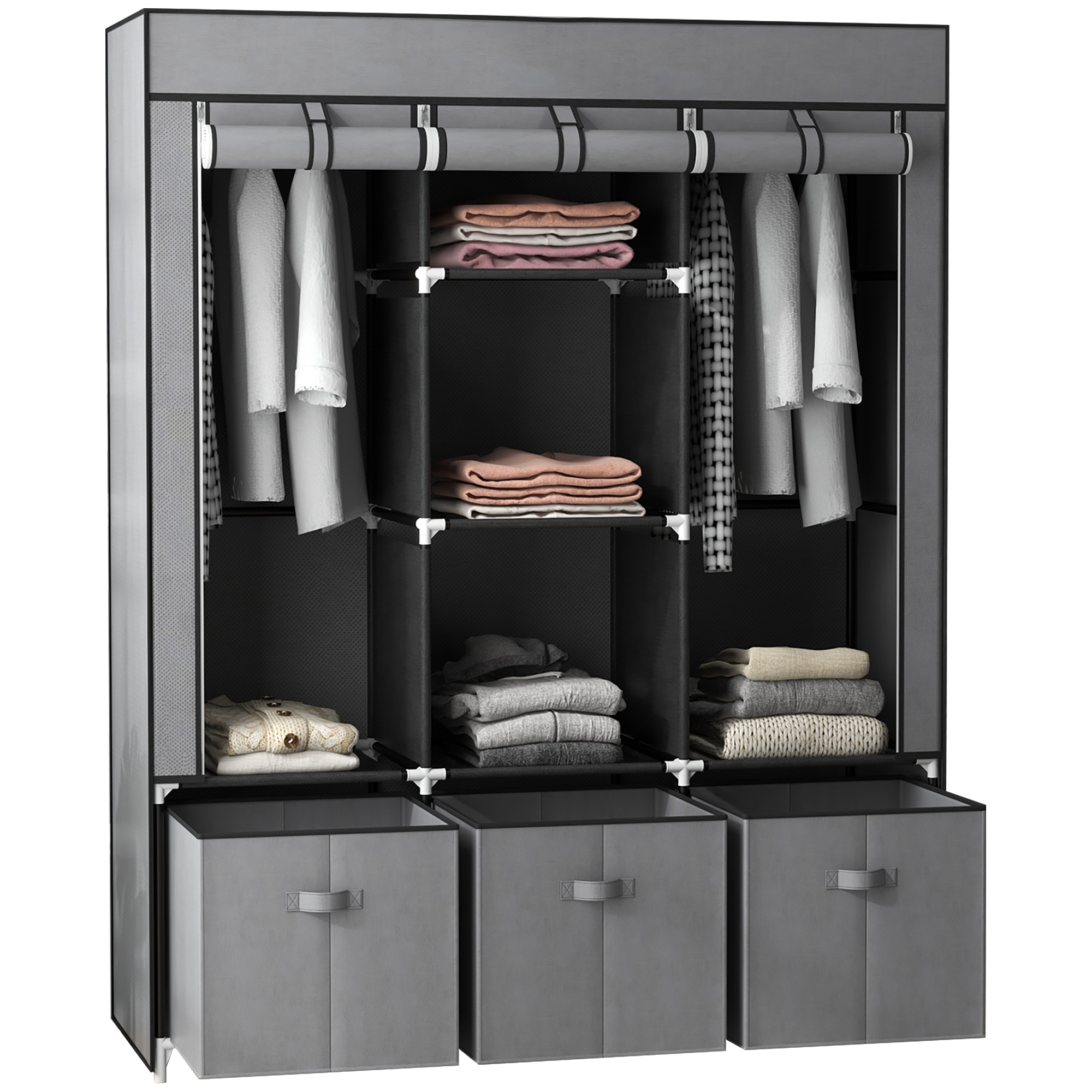 HOMCOM Stoffschrank aus Vlies, Faltschrank, inkl. 3 Schubladen, 125 cm x 43 cm x 162,5 cm, Grau