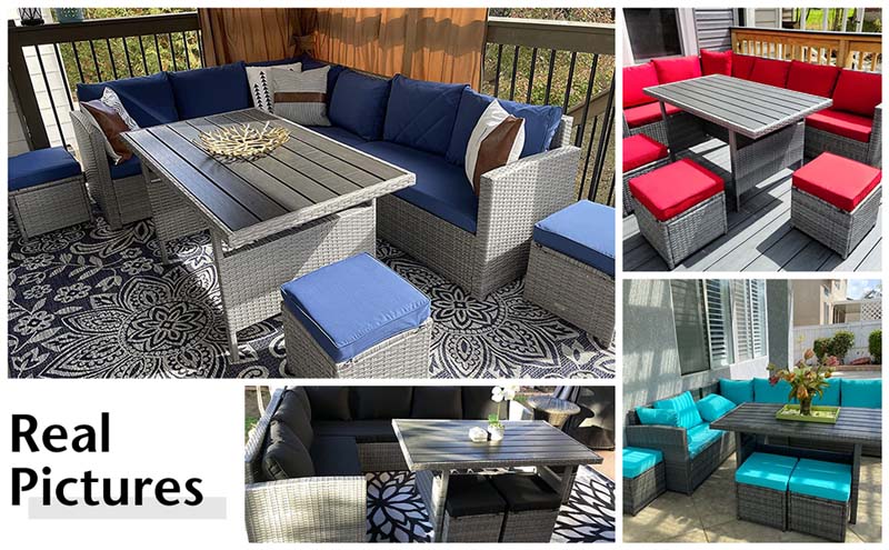Eletriclife 7 Pcs Patio Rattan Dining Furniture Sectional Sofa Set with Table and Ottoman