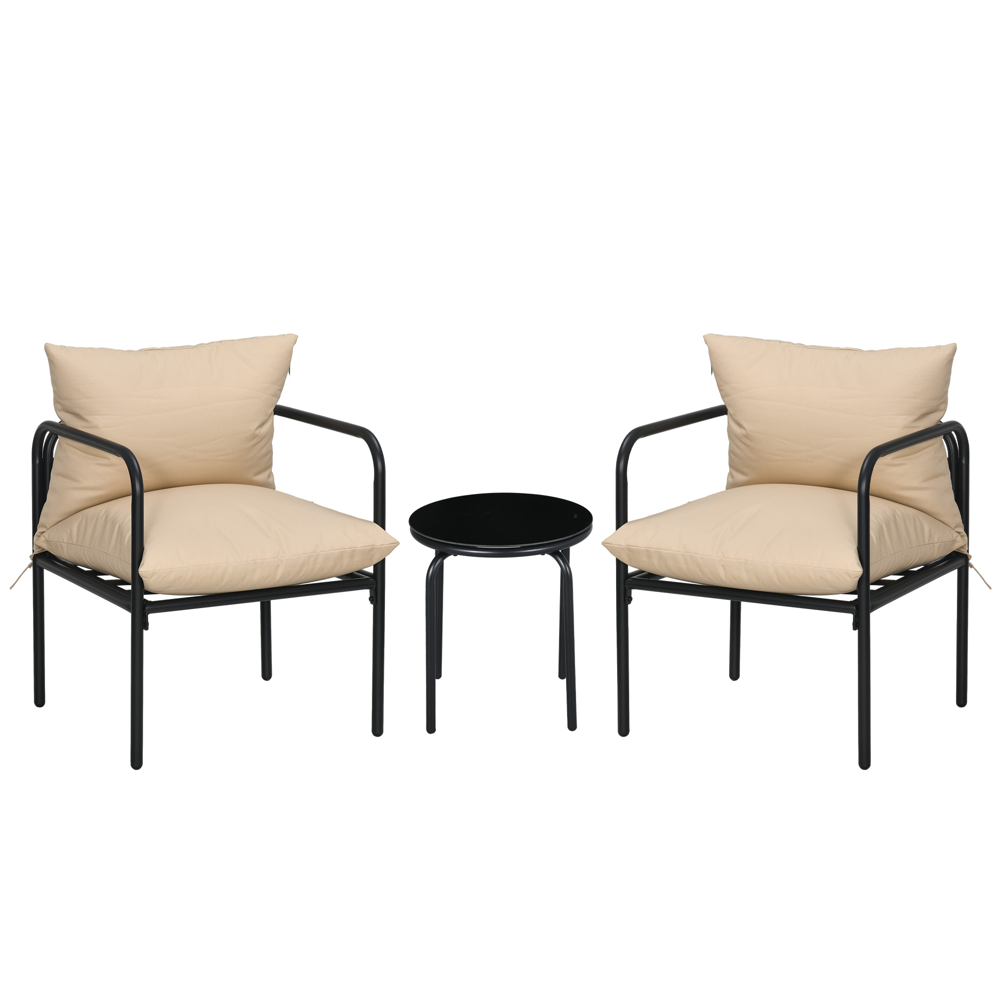 Outsunny Outdoor Sitzgruppe, 3-teilig, 2 Stühle, Tisch mit Glasplatte, Sitzkissen, Metallgestell, Beige