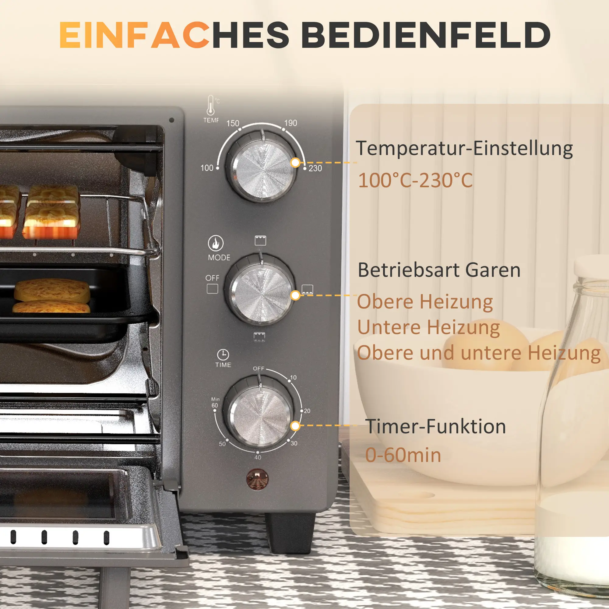 HOMCOM Mini-oven veelzijdig koken precieze temperatuurregeling roestvrij staal