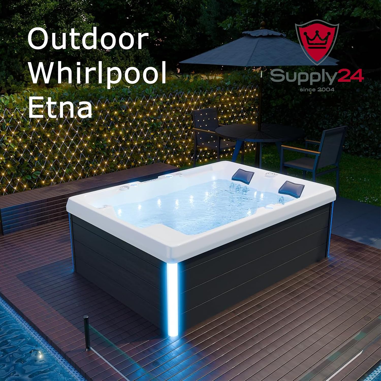 Luxus Outdoor Whirlpool Hot Tub Etna 210x150 cm – Weiß – 36 Massagedüsen, Heizung, Ozon, LED, Wasserfall – Inkl. Einstiegstreppe – Spa für 2–3 Personen – Garten & Terrasse