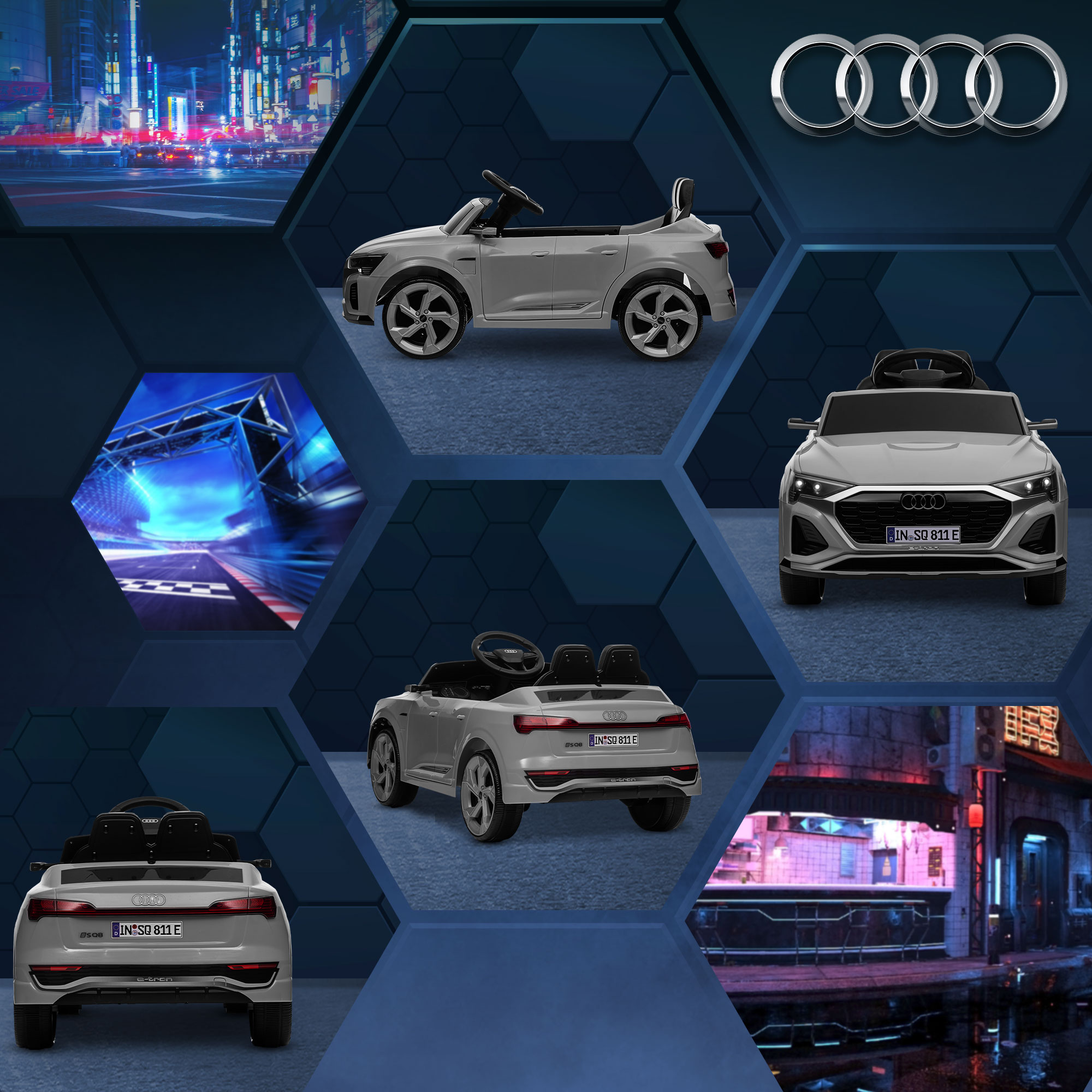 AIYAPLAY Elektrische Kinder Auto, 12V Audi Q8, 3-5 km/u, Afstandsbediening, Koplampen, Muziek, Grijs