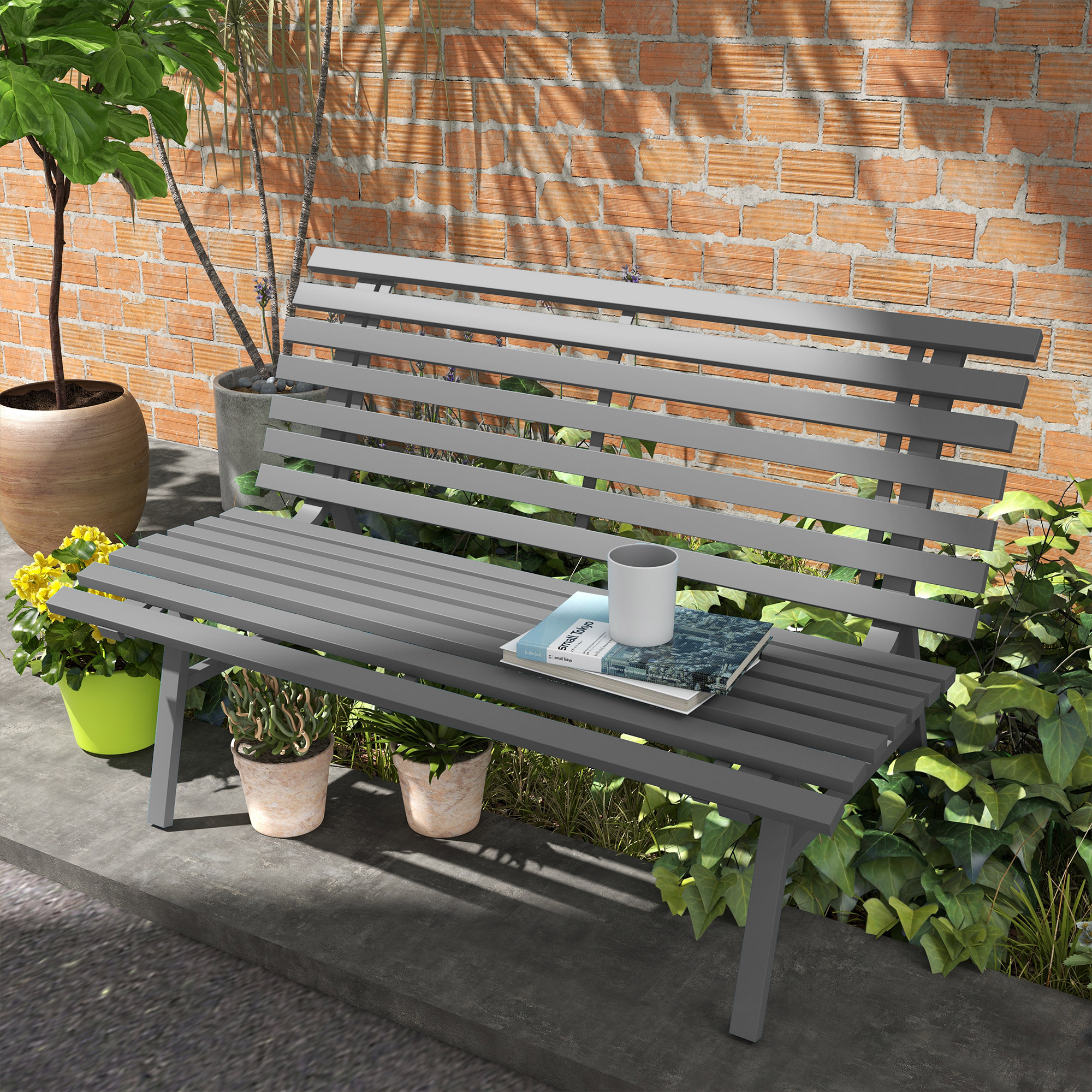 Outsunny Gartenbank Sitzbank Parkbank, Lattendesign, wetterbeständig, Aluminium, 123 x 67 x 79 cm, Grau