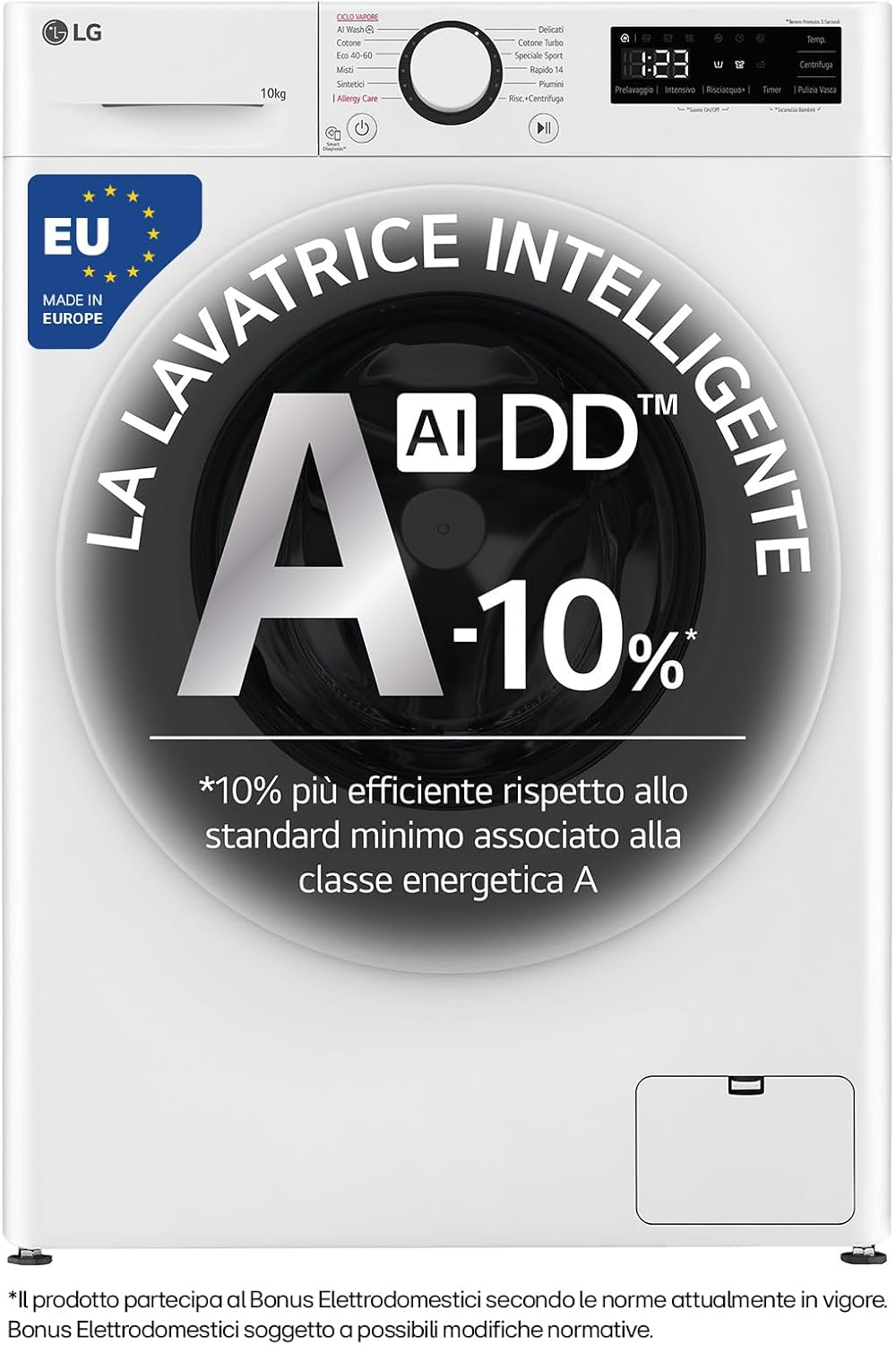 AI DD F4R3010NSWW Lavatrice Classe A -10%, Carica Frontale Serie R3, Lavatrice 10kg, 1400 giri, AIWash, Lavaggio a vapore, Motore Direct Drive, Smart Diagnosis, Libera installazione, Bianca
