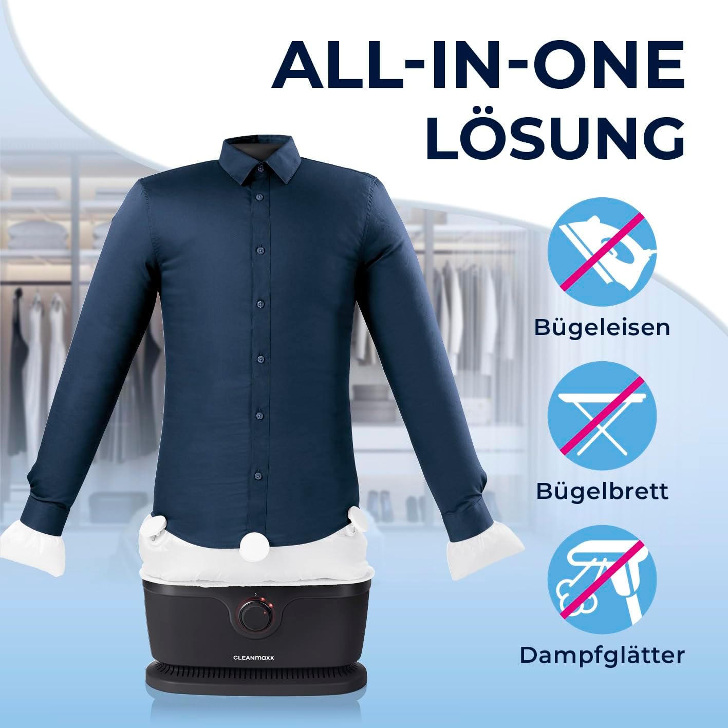 CLEANmaxx Automatischer Hemden-Bügler zum Trocknen und Gltten von Hemden & Blusen inklusive Aufsatz für Hosen | Die innovative und schonende Art, Ihre Wsche zu gltten