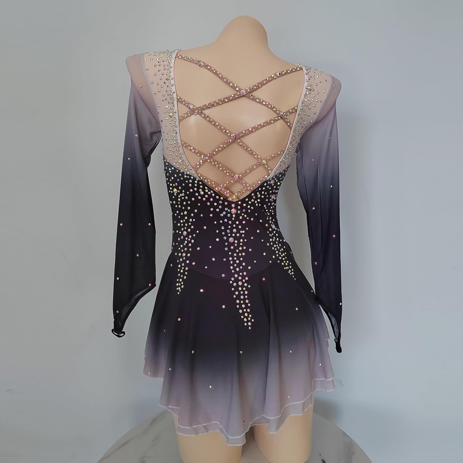 Eiskunstlauf Kleid Mädchen Kürkleid Langarm Mesh Glitzer Tanzkleid Gymnastik Bekleidung Ballettkleid mit Strass Lyrisch Tanzkleid Wettbewerb Tanzkostüm Damen Tanzkleid