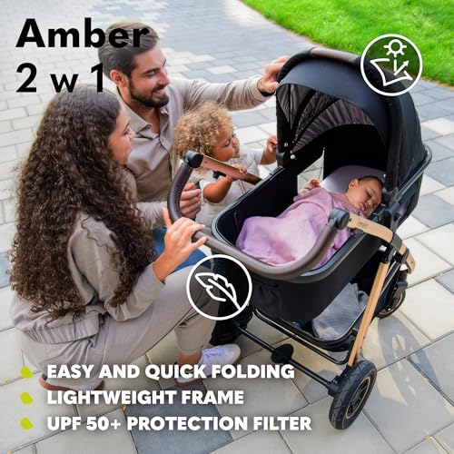 LIONELO Amber Passeggino 2in1 Duo Passeggino da 0 a 48mesi con Seduta secchiello   Navicella per neonato e bambini a 22kg Regolabile, pieghevole e leggero Ruote grandi Cappotina XXL (NeroArgento, Big) : Prima infanzia