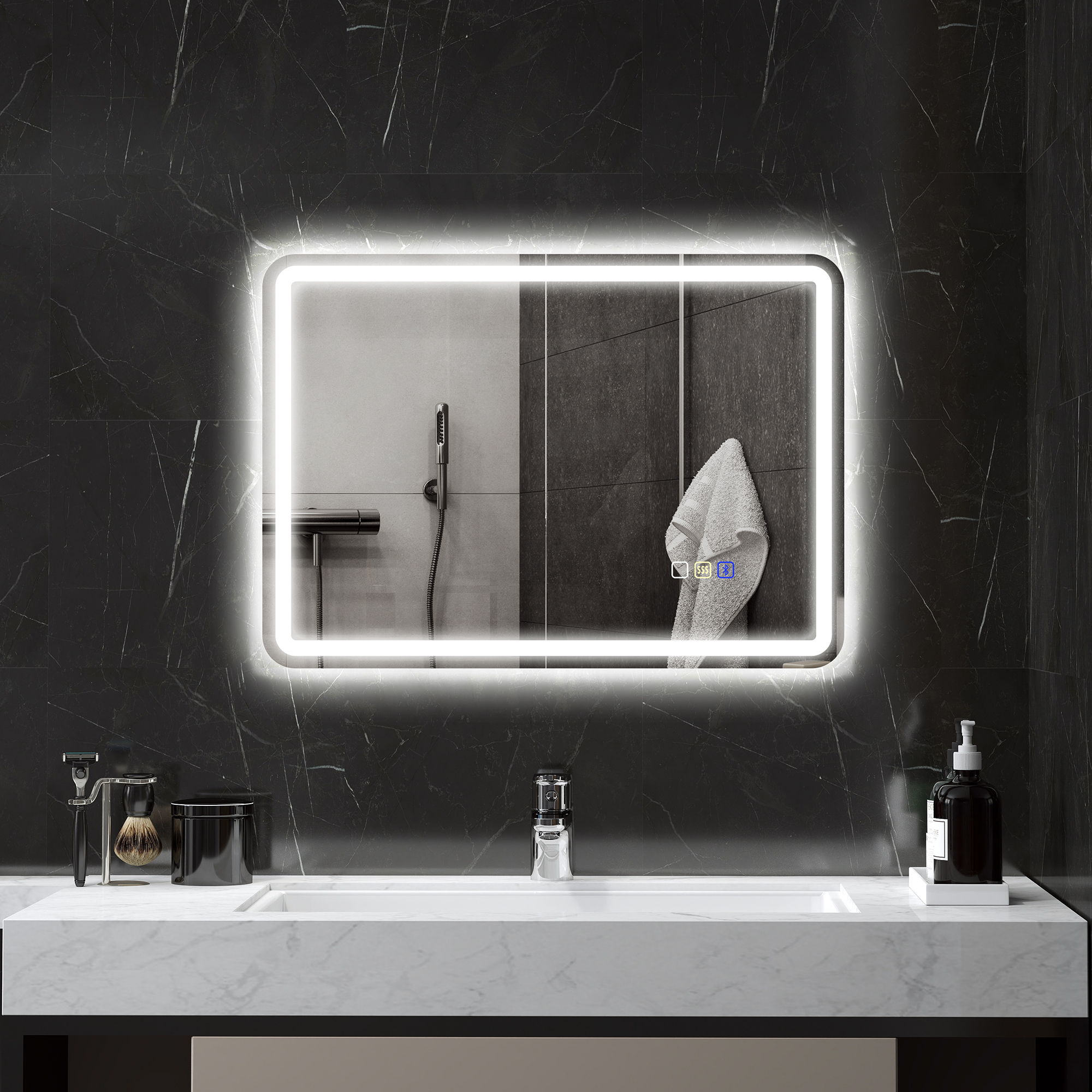 HOMCOM Badezimmerspiegel mit LED-Beleuchtung, Anti-Beschlags-Pad, 3 verstellbare Farben, 700 x 900 mm, Silberfarben