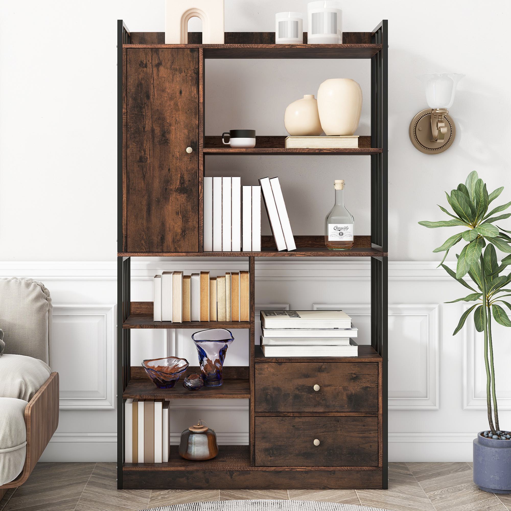 Industrielles Bücherregal mit 6 Regalböden, Türen und Schubladen, Stahlrahmen, 100×30×173,5 cm, Schwarzbraun