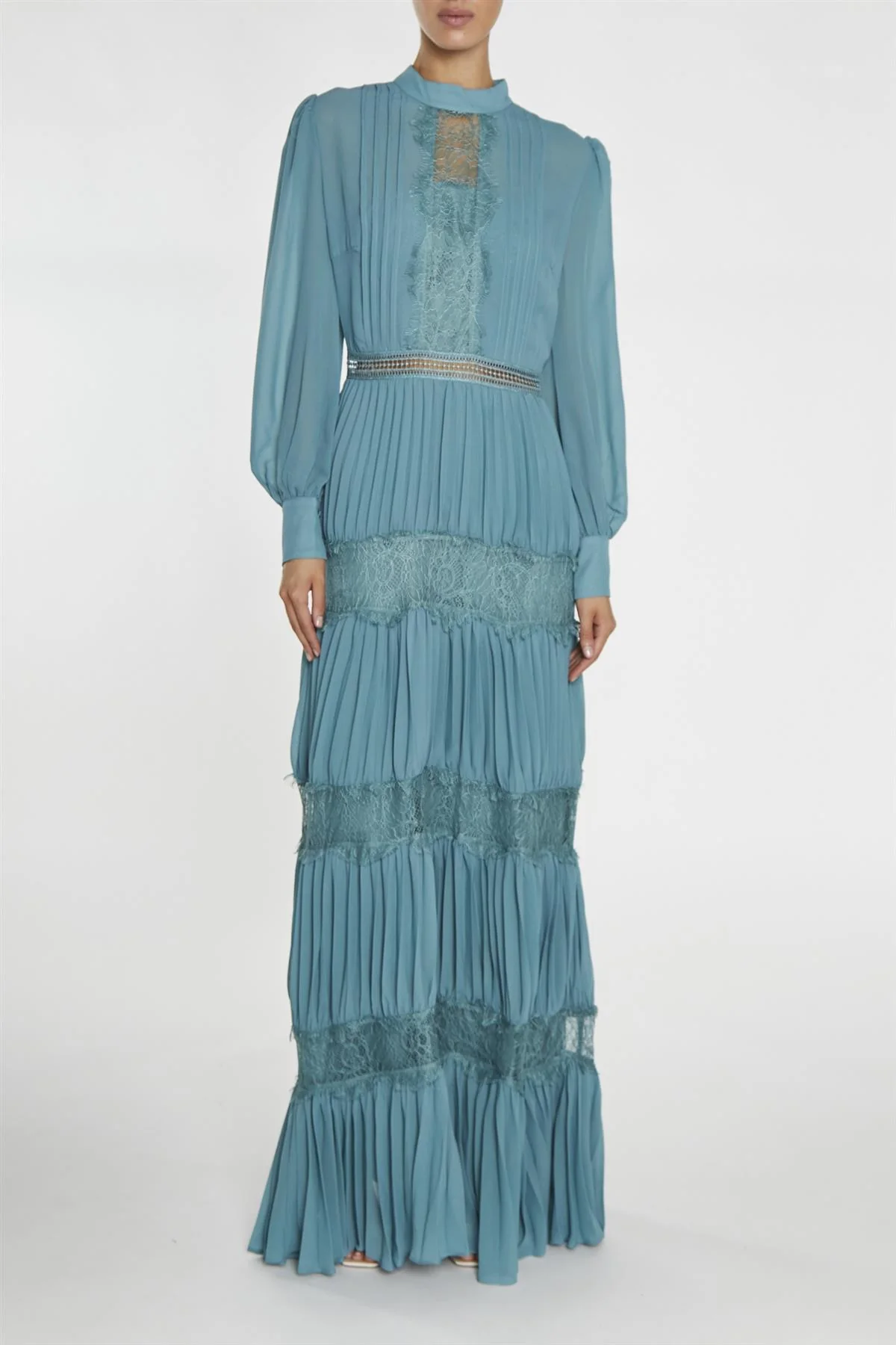 Holly Mineral Blue High-Neck Pleated Maxi Dress