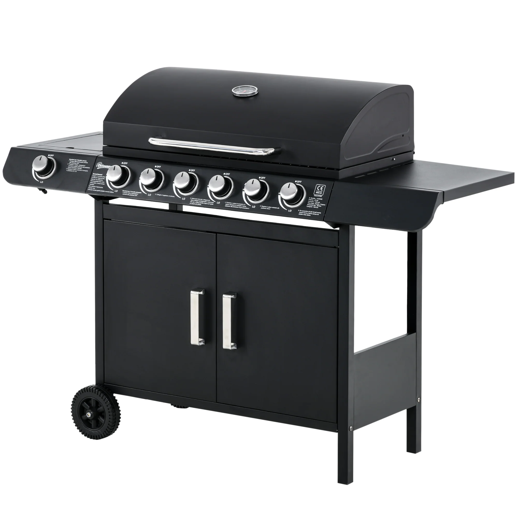 Easycomfort Barbecue a Gas con Coperchio, 7 Bruciatori da 20kW, Fornello Laterale, 2 Ruote – 135x50x100 cm, Nero