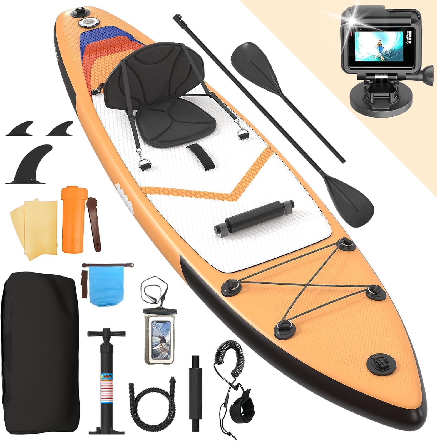 Devoko Tavola SUP Gonfiabile 330cm | Sup 2-in-1 con Sedile Kayak & Accessori, 130kg Max - Ideale per Surf, Pesca, Yoga