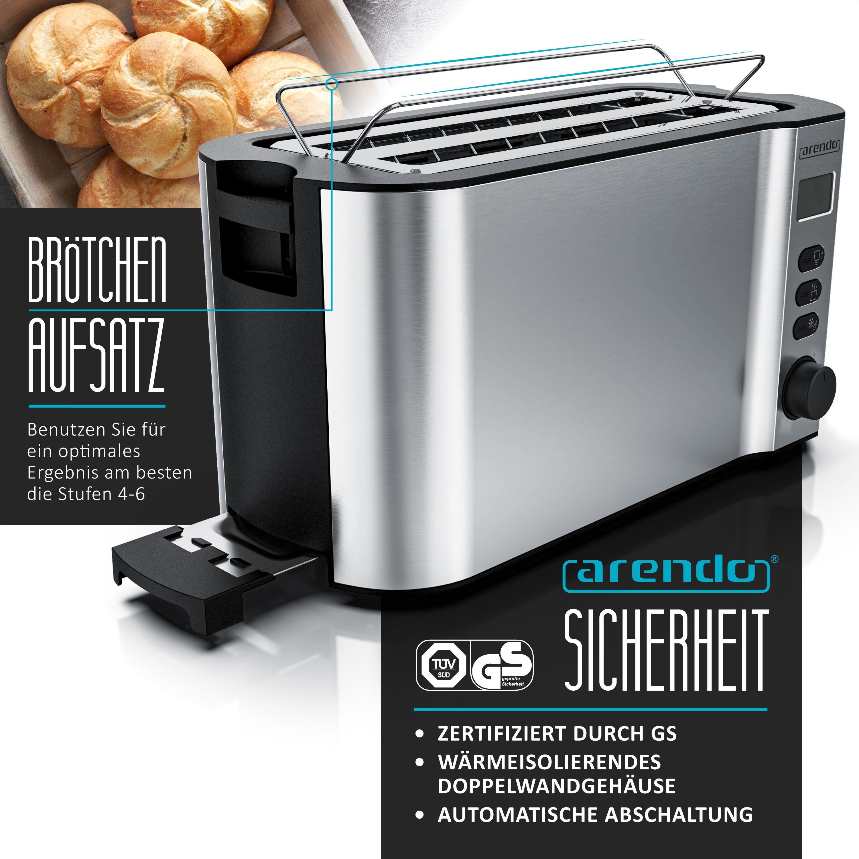 Toaster Langschlitz, Edelstahl, Display mit Restzeitanzeige, Krümelschublade