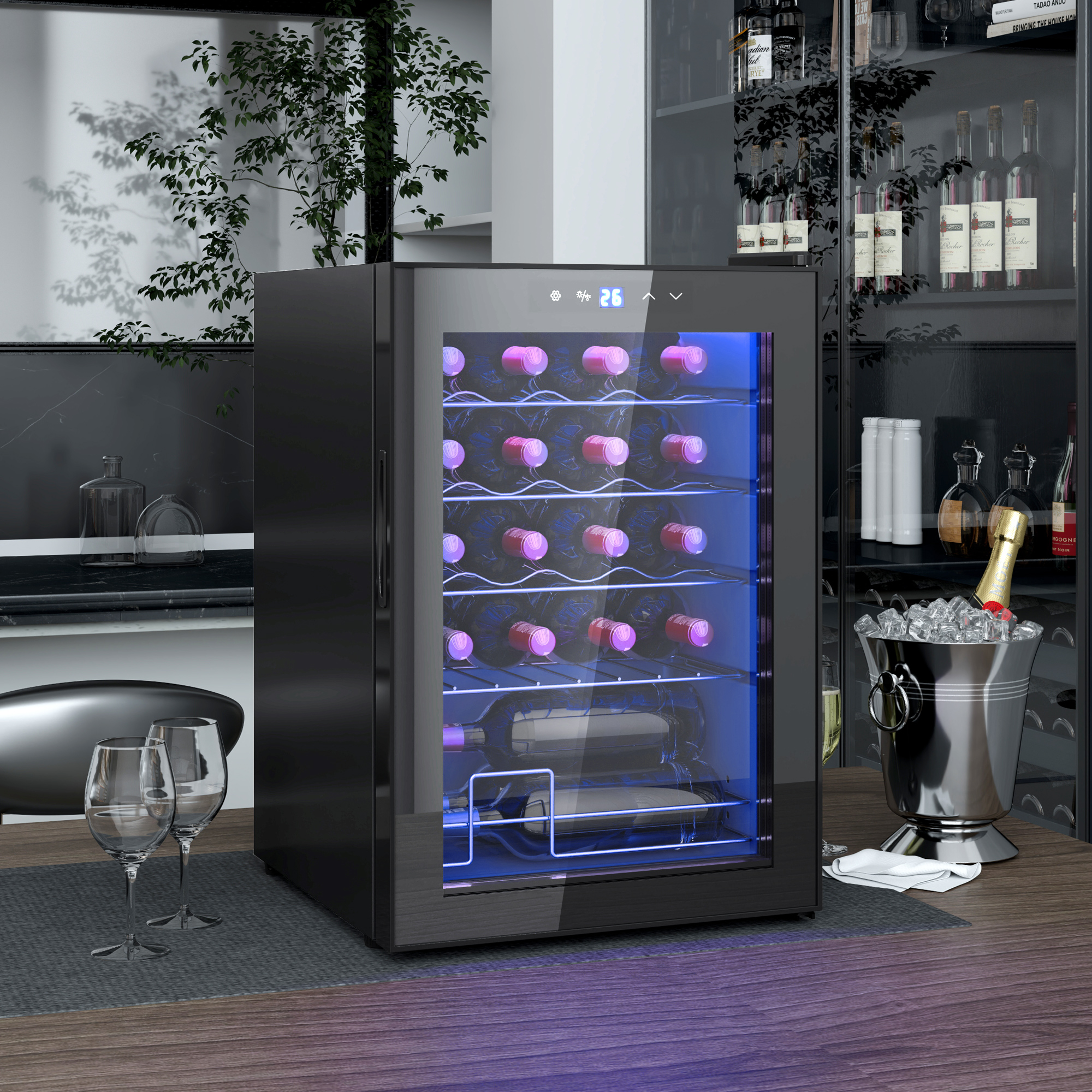 HOMCOM Kleine Wijnkoelkast, Mini-Koelkast voor 20 Flessen, 53 Liter Capaciteit, met Glazen Deur, LED-Verlichting, Zwart