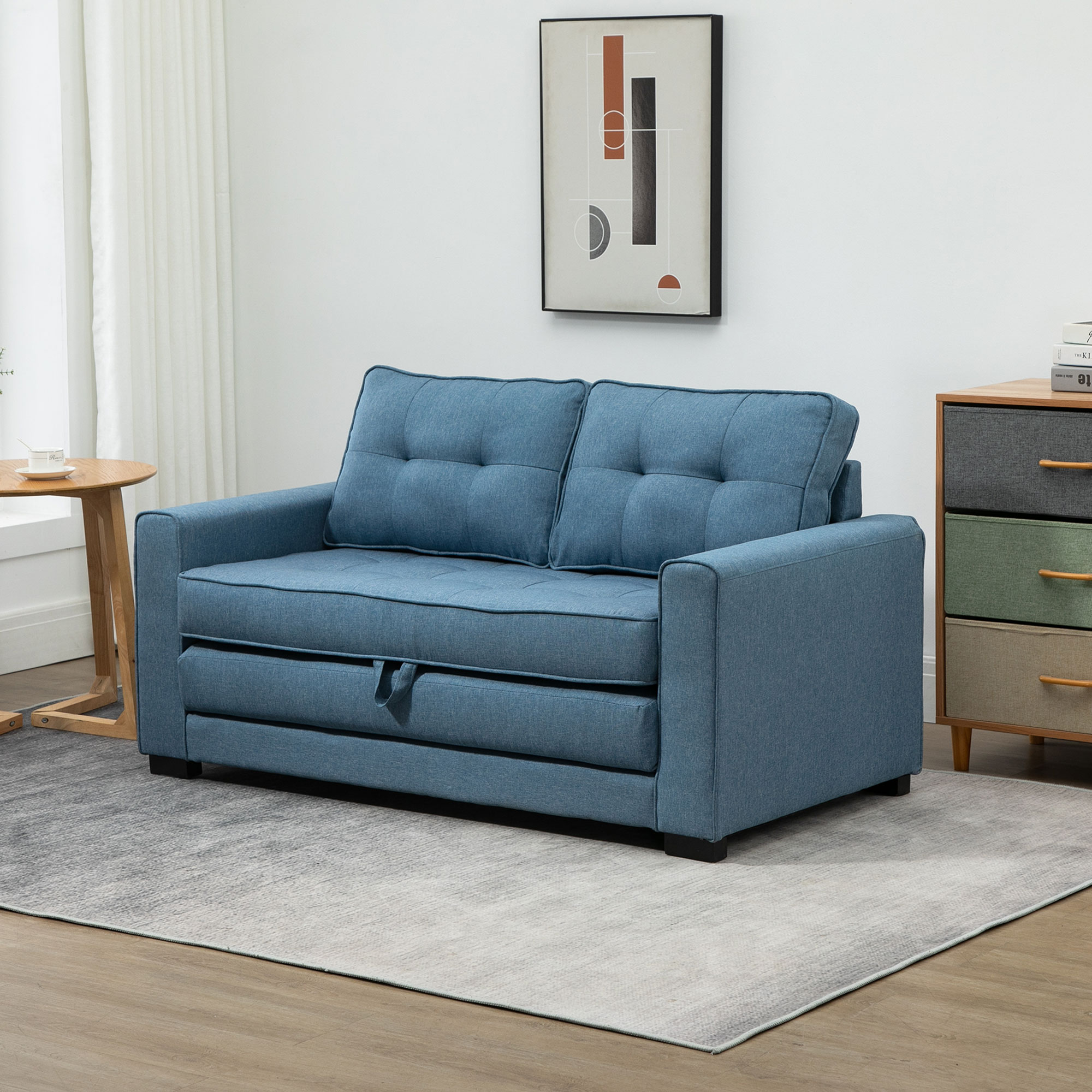 slaapbank, opklapbare sofa 2-zits, stoffen slaapbank, sofa met slaapfunctie, linnen touch, rubber hout, blauw, 147.5 x 75 x 85 cm