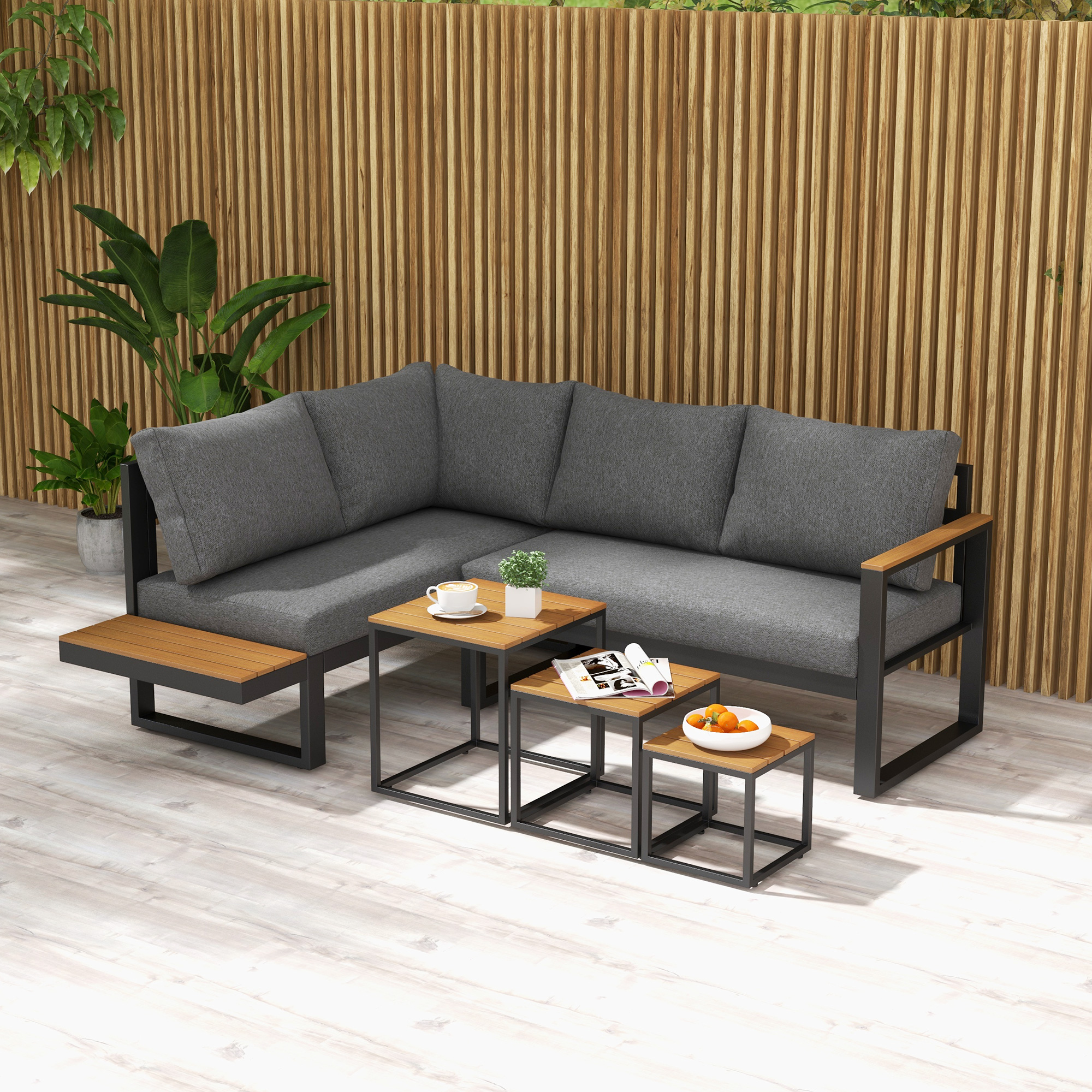 Outsunny Outdoorsitzgruppe 5-teiliges Loungemöbelsicht Gartenmöbelset, 148 cm x 61 cm x 71,5 cm, Grau + Natur