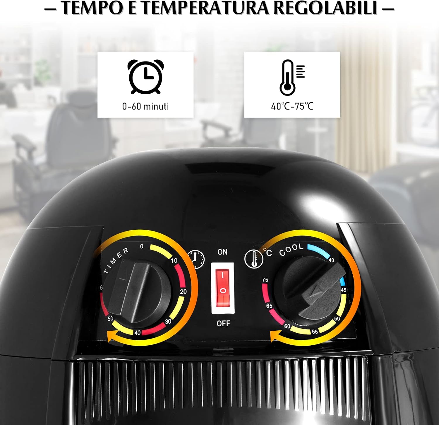 RELAX4LIFE Casco Asciugacapelli Professionale 1050 W, Temperatura 40/75 ºC per Asciugatura e Styling, Timer fino a 60 min, Altezza Regolabile 125/160 cm, per Casa e dal Parrucchiere, Nero