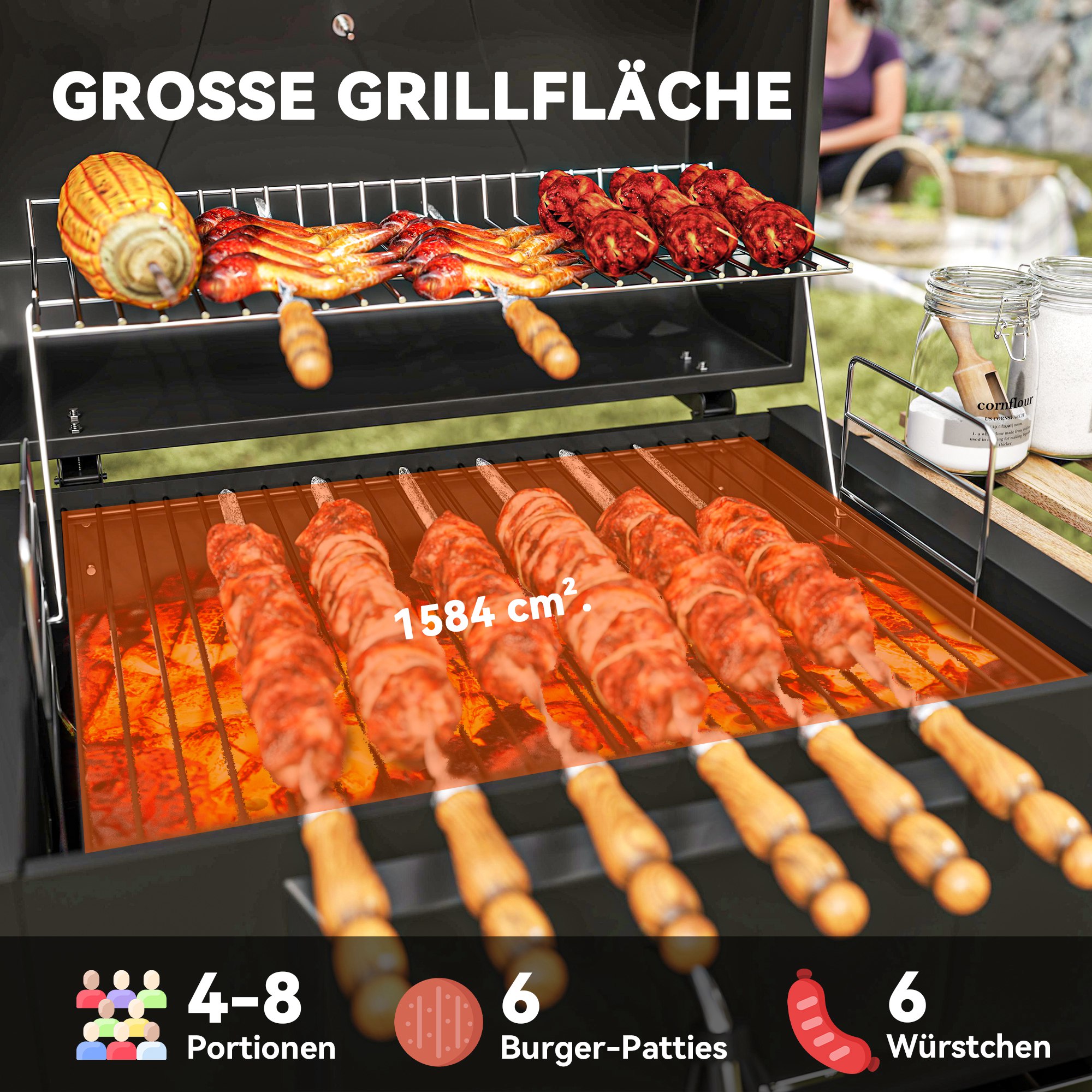 Houtskoolgrill met verstelbare kolenbak, grillwagen, planken, thermometer, flesopener, staal, hout, zwart