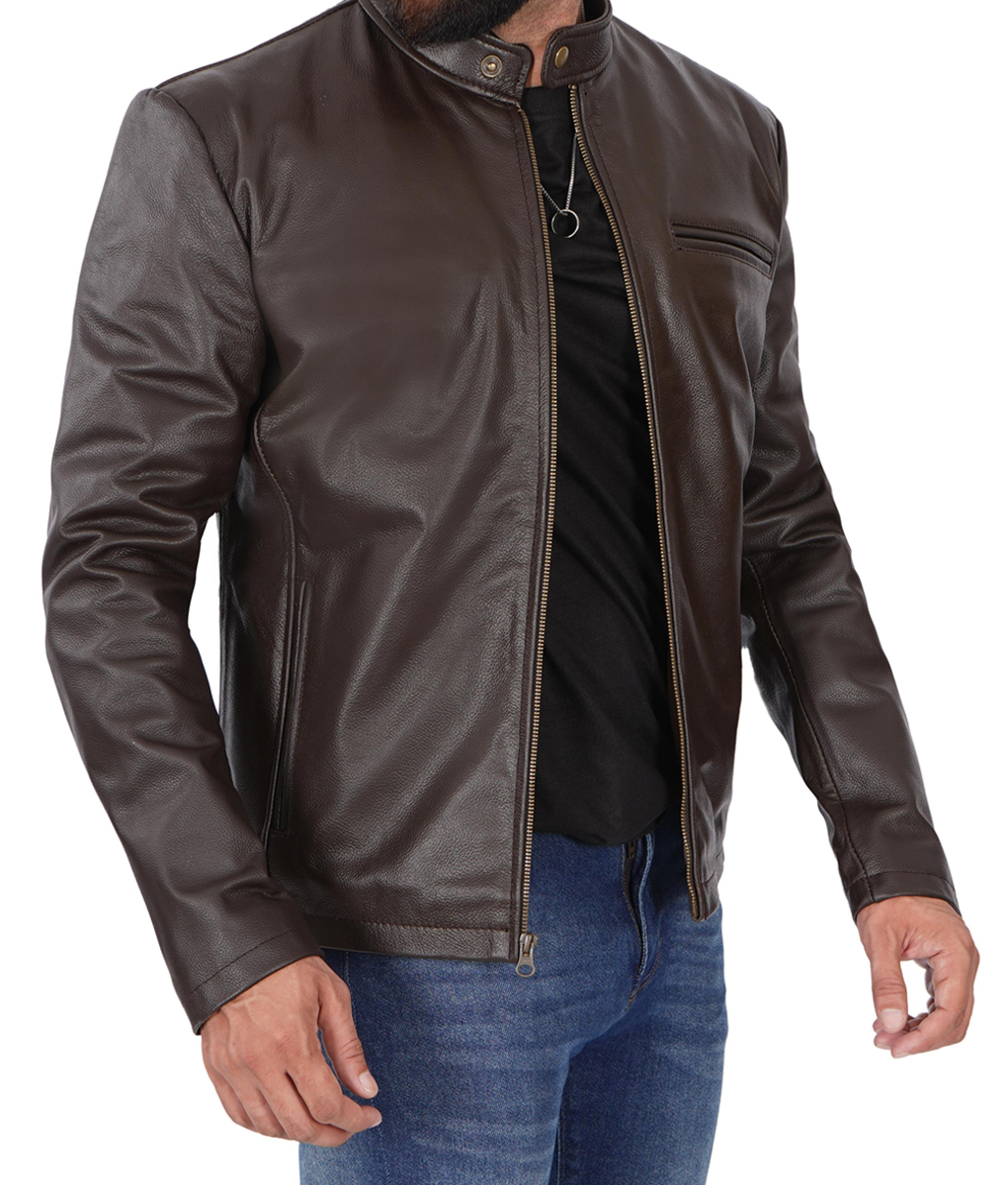 Mens Dark Brown Leather Cafe Racer Jacket