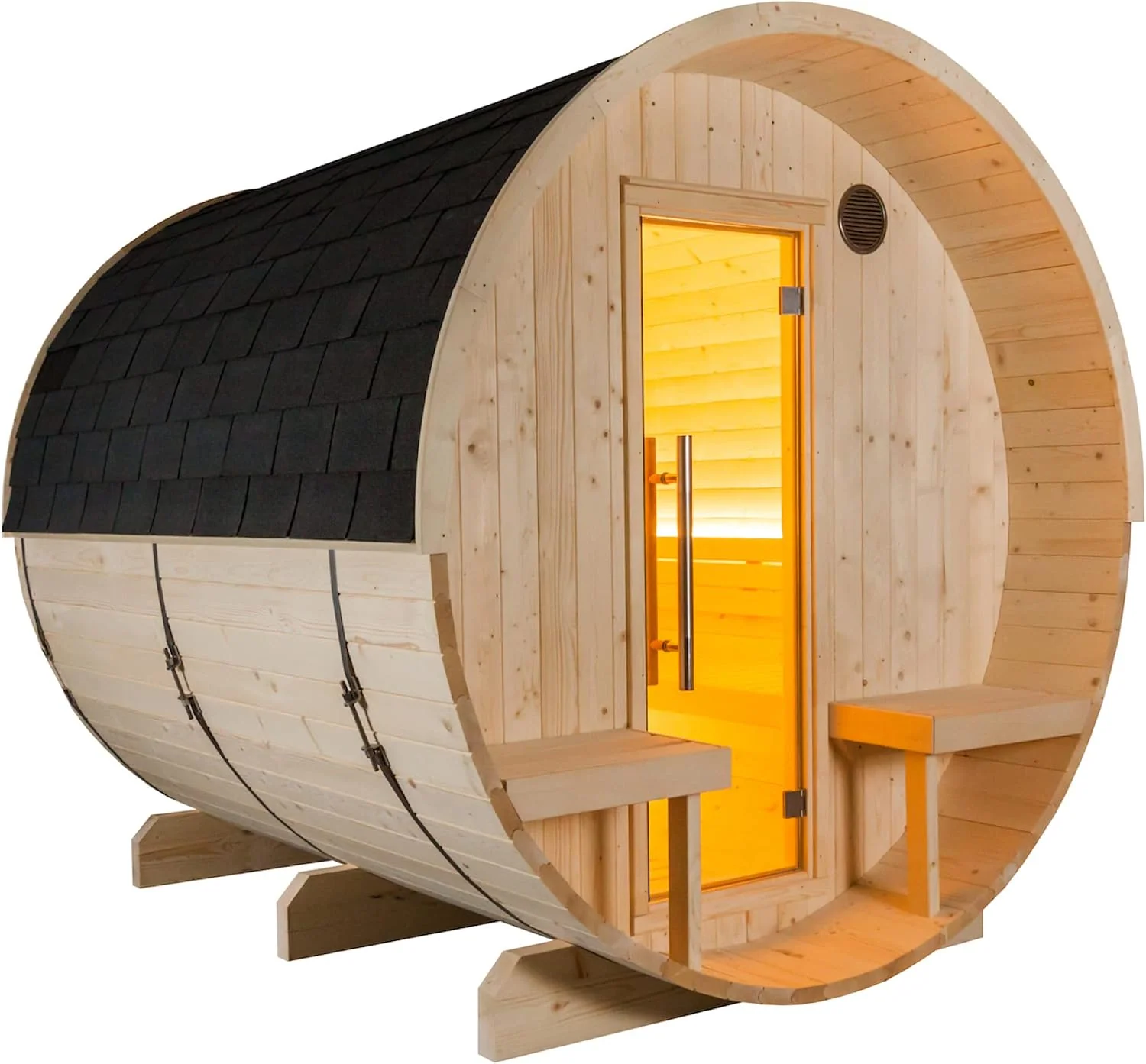 Harvia Gartensaunas, 220x240 cm, Holzfarben/Schwarz, Kuusi 240 Panorama Canopy Fasssauna aus Fichte Saunafass Ø