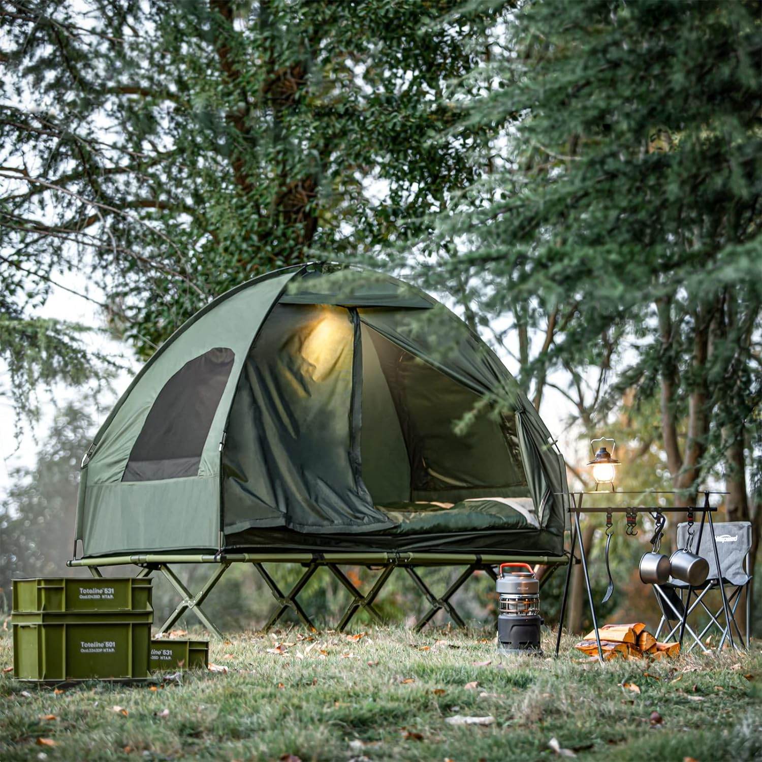 4in1-Zelt Fr 2 Personen Wurfzelt Feldbett Mit Campingliege Grn