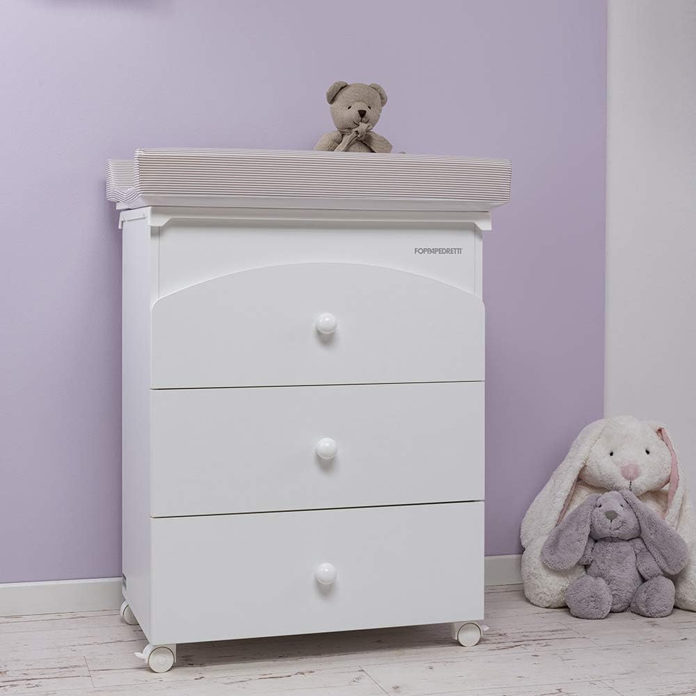 Foppapedretti Bagnetto Fasciatoio IlBagnetto, Legno, Made in Italy, 3 Cassetti, Piano Fasciatoio Ribaltabile, Vaschetta Anatomica Estraibile, 4 ruote, Materissani Incluso, 89x46x69 cm, Bianco