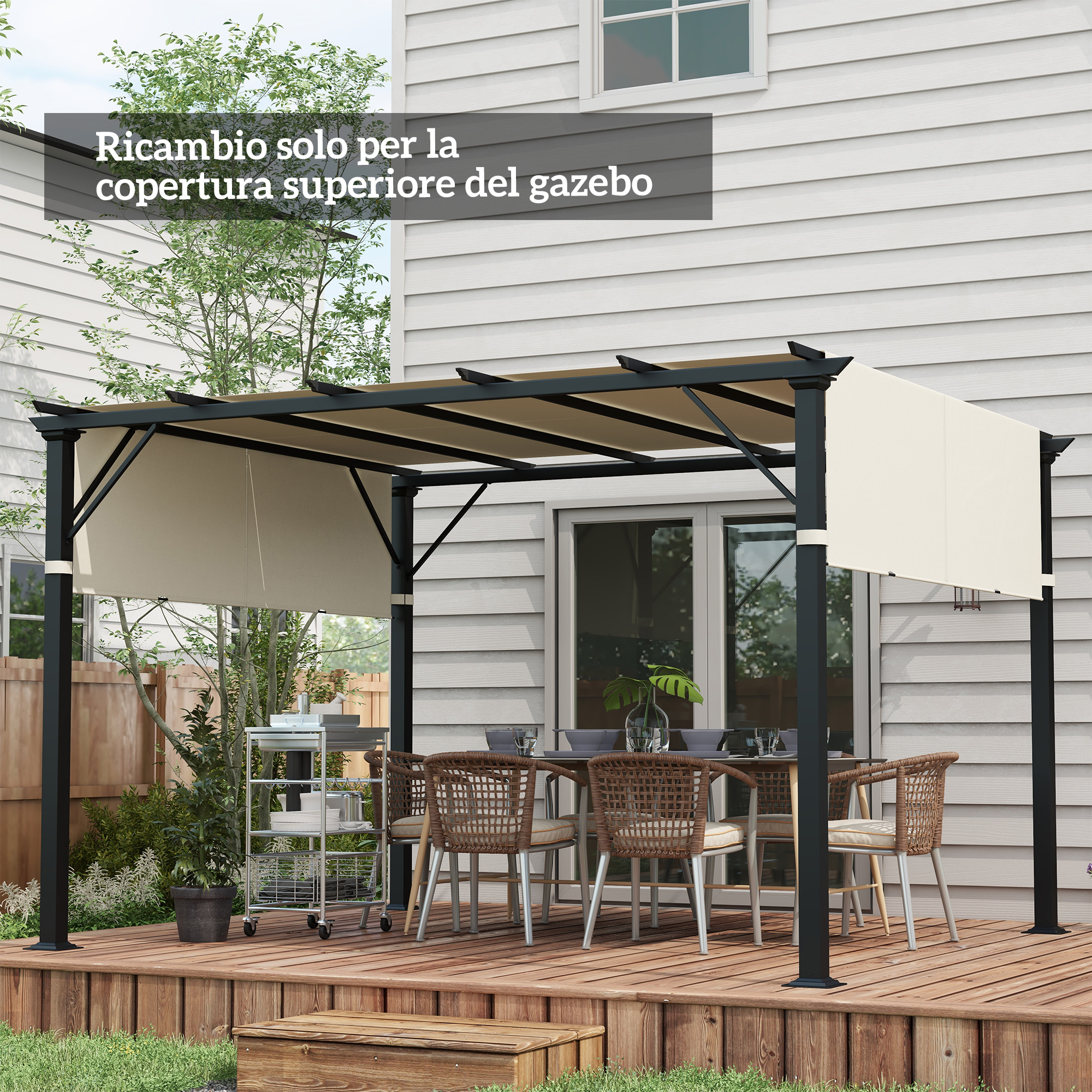 Outsunny Copertura per Gazebo Pergola 3x3 m in Poliestere con Tasche e Cinghie, 488x122 cm, Bianco Crema