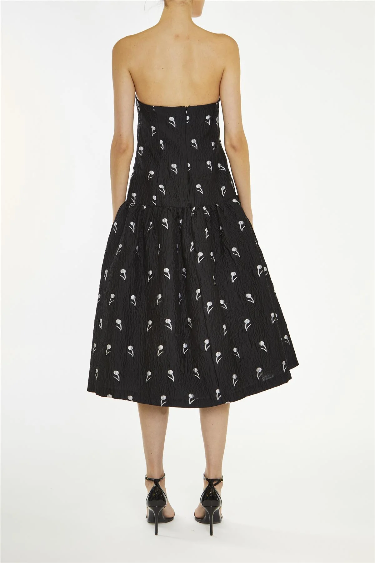 Vienna Black-Grey Floral-Brocade Dropped-Waist Midi-Dress