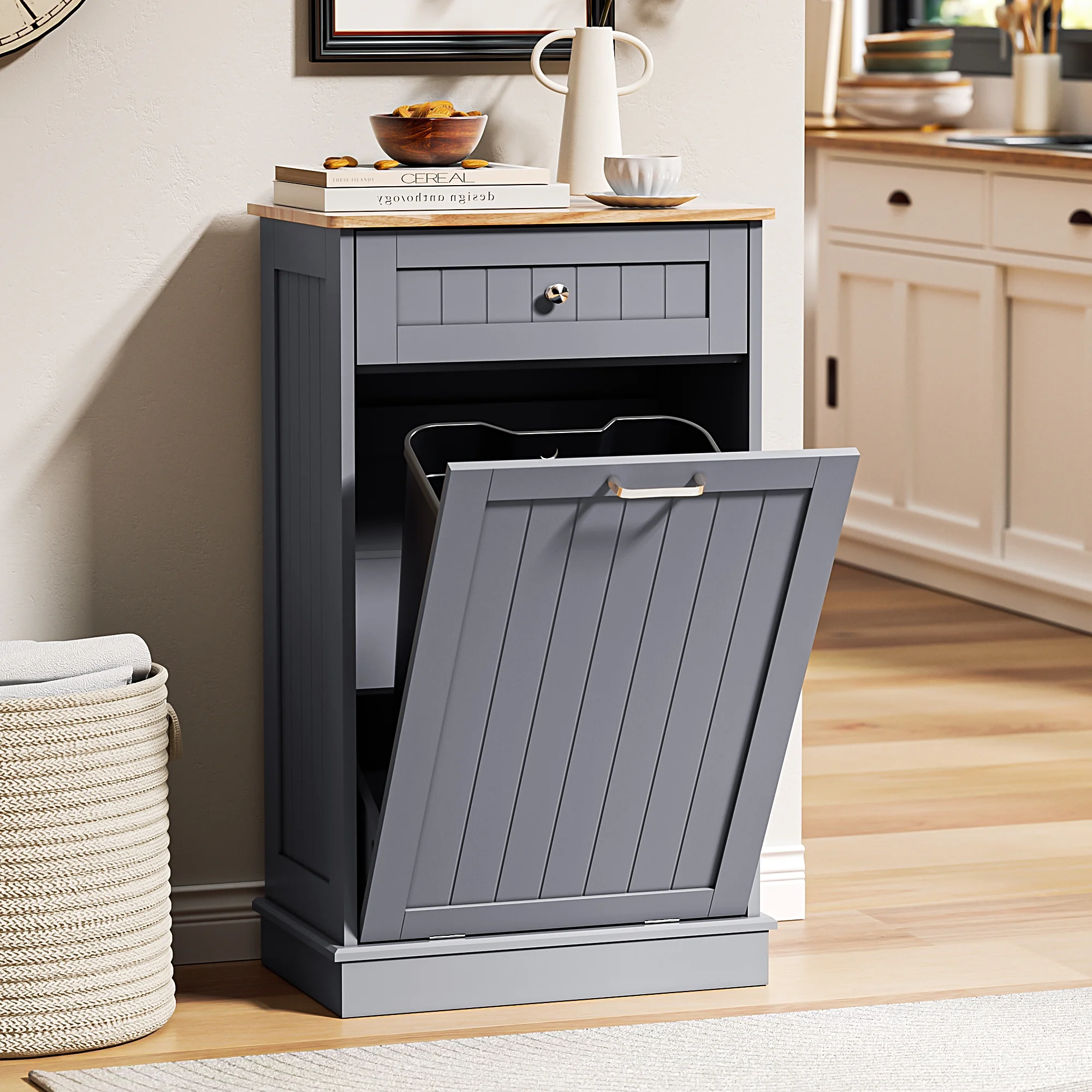 HARIPUL Single Tilt Out Trash Cabinet for 13 Gallon Waste Bin, Free Standing Kitchen Trash Can Cabinet with Drawers, White