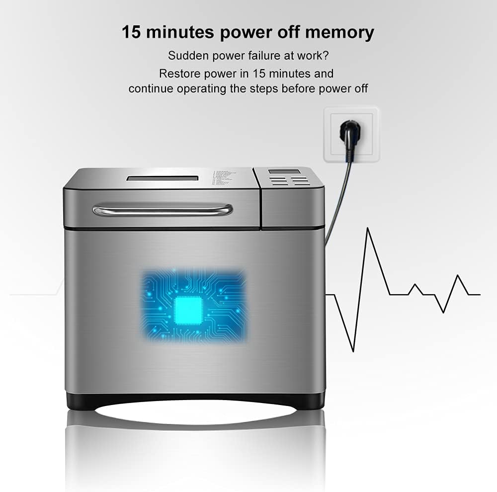 Macchina per il pane con timer e funzione automatica di mantenimento del calore, in acciaio inox, 19 programmi di cottura, 3 formati di pane e 3 colori per la preparazione di torte e marmellate