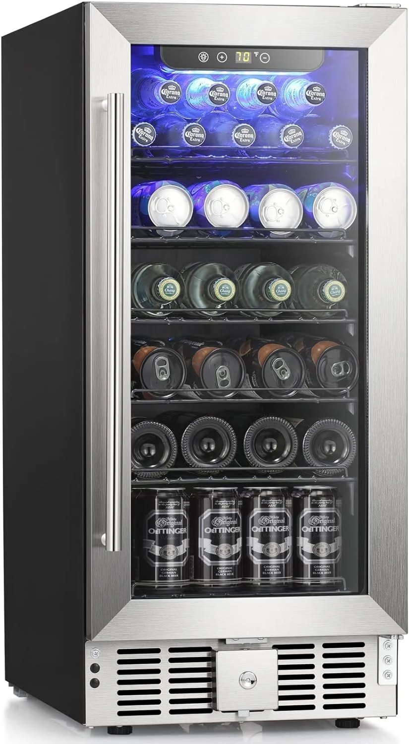 Antarctic Star 2.9 Cu.Ft Beverage Refrigerator, 115 Can Capacity, Low Noise, Glass Door, Stainless Steel, LED Light, Safety Lock, 15 Inch Width