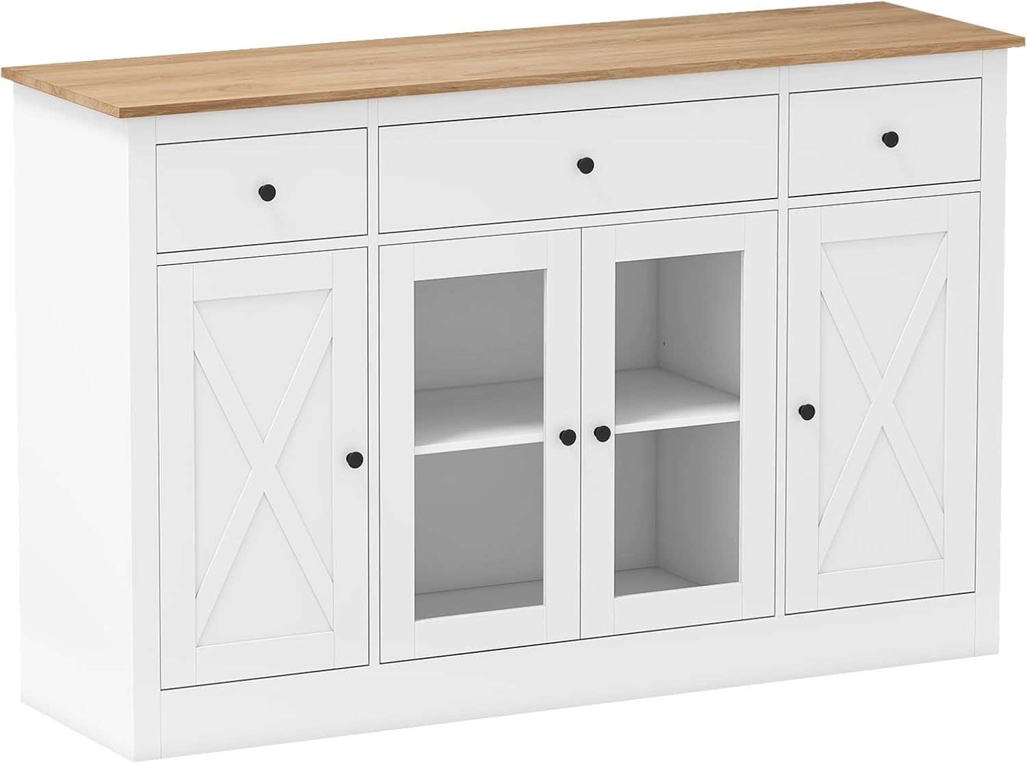 COSTWAY Credenza Cucina, Mobiletto da Cucina con 3 Cassetti, 3 Armadietti, 2 Ante Trasparenti e Ripiani Regolabili, Mobile Buffet Dispensa per Sala da Pranzo e Soggiorno, 140 x 40 x 90 cm (Bianco)