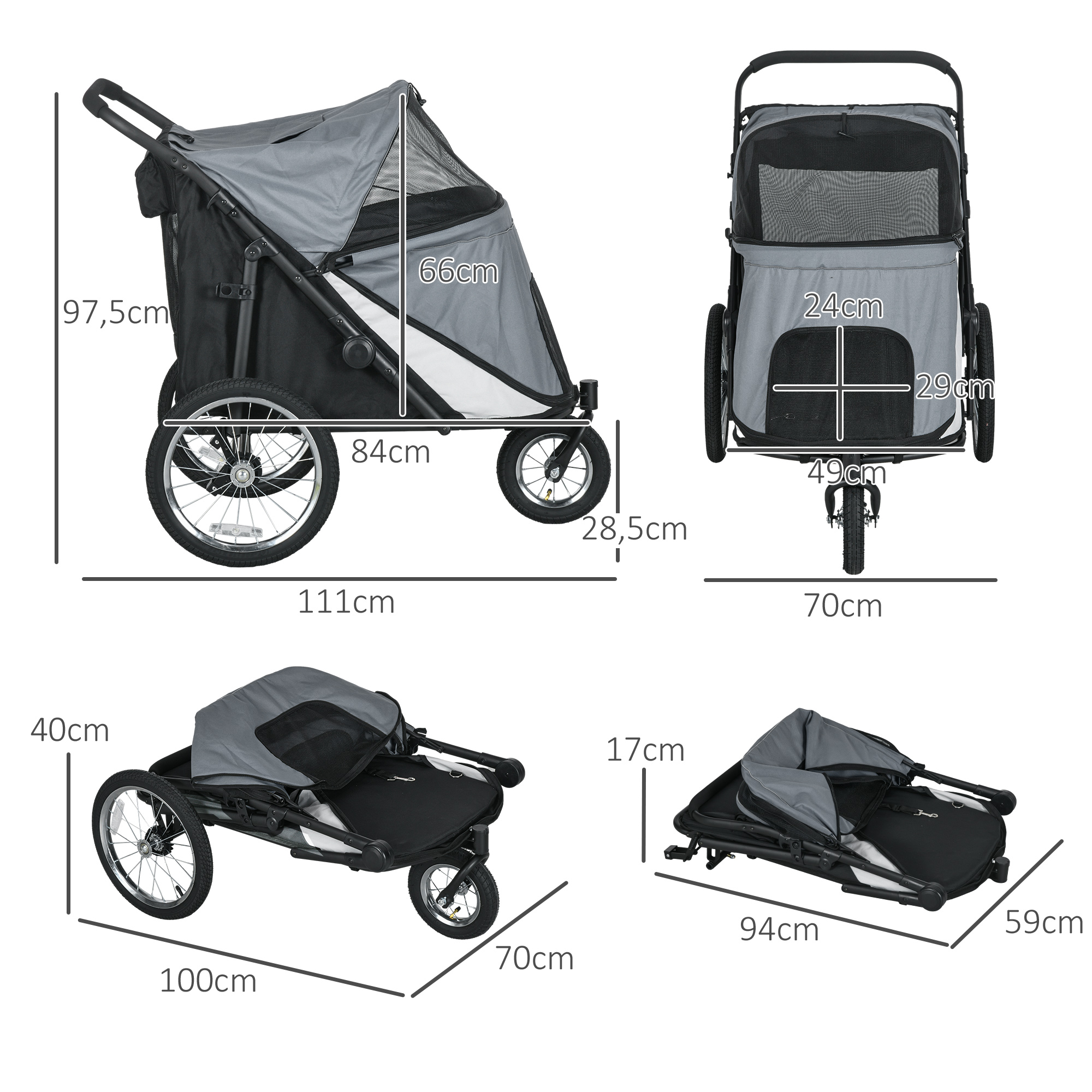 PawHut Hondenbuggy, opvouwbaar, opklapbaar, Ligkussen, Stalen frame, Grijs/Zwart