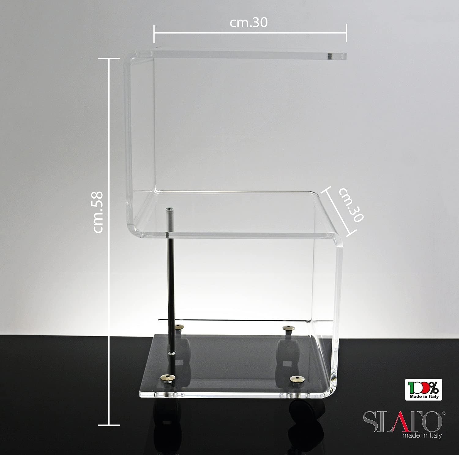 Slato Ebe ⎪Tavolino in cristallo acrilico trasparente a tre ripiani con ruote,compatto/leggero/design elegante, adatto per soggiorno,lato divano,Made in Italy (cm.L.30 x P.30 x H58)