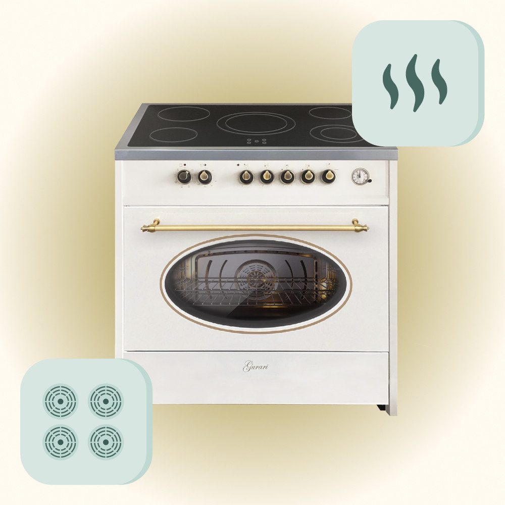 Elektro-Standherd Retro Glaskeramik Herd 90 cm Creme Range Cooker Elektro XXL Backofen 121 L mit Dunstabzugshaube 90 cm GCH E 912 Cr r+GCH C 046 BG 9..