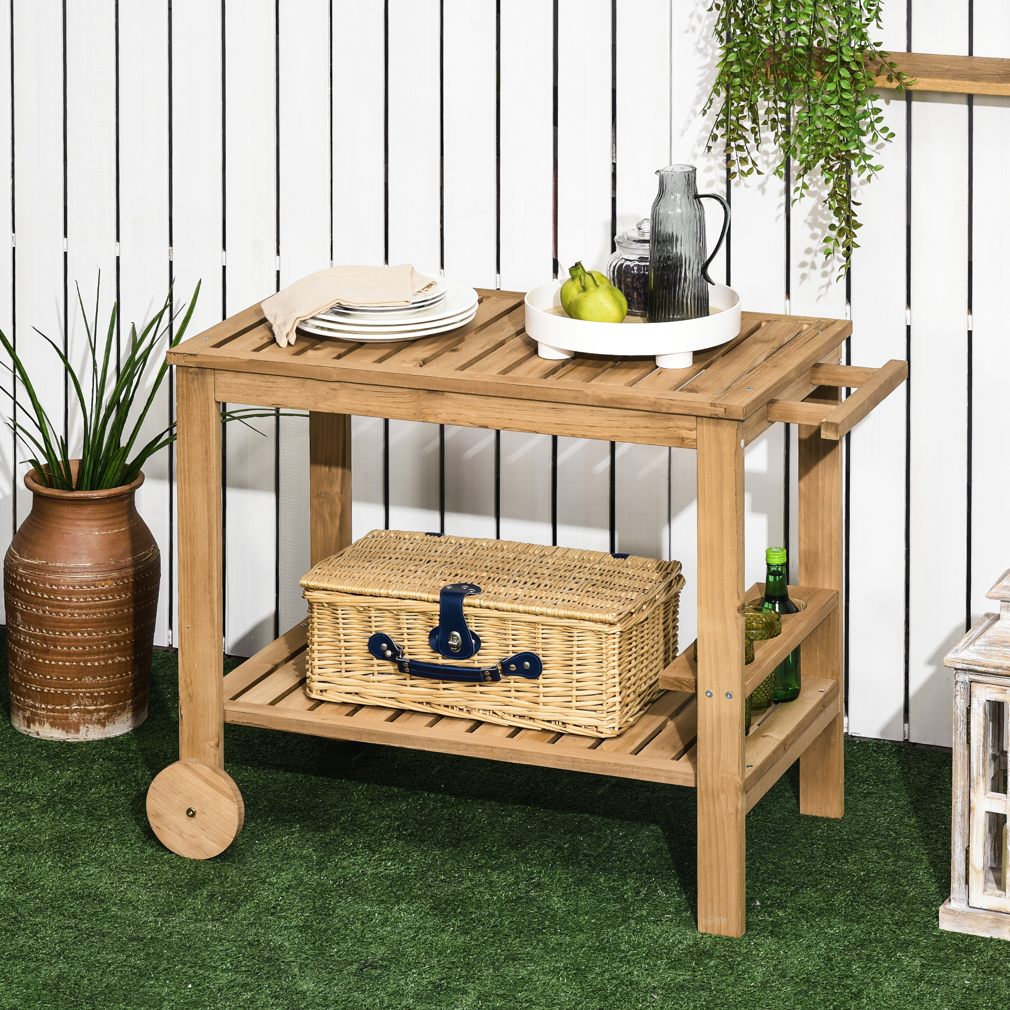 Outsunny Gartenwagen für Plancha-Grill aus Holz mit Handgriff, 2 Tabletts und Flaschenhalter 95 x 47 x 74 cm