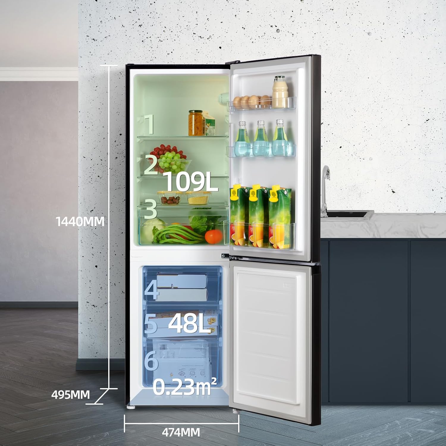 CHiQ Frigorifero Combinato 157L FBM157L42, Basso Gelo, Altezza 144 cm, Larghezza 47 cm, Ultraleggero 39 db, 12 anni di garanzia sul compressore