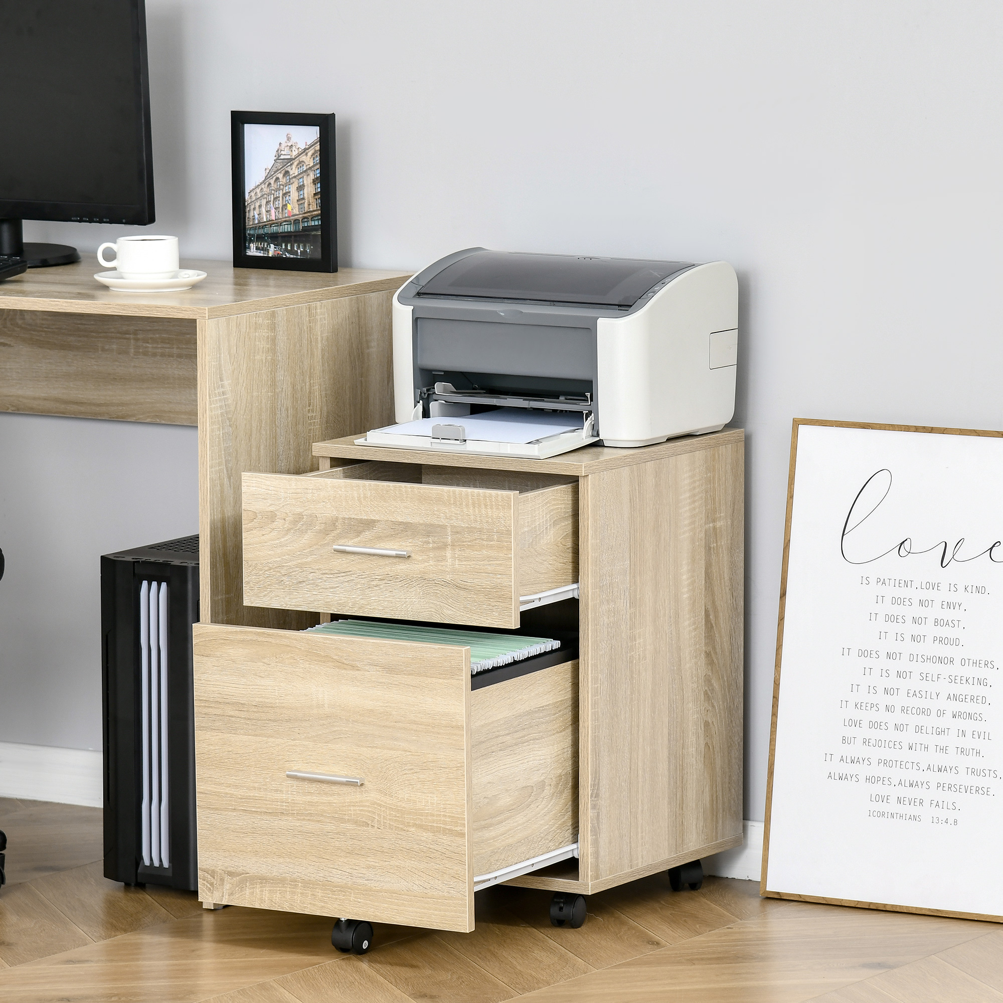 Vinsetto Bürocontainer mit 2 Schubladen Hängeregistratur Aktenschrank Büroschrank Aufbewahrung von Akten Spanplatte Natur 39,5 x 39 x 58,5 cm