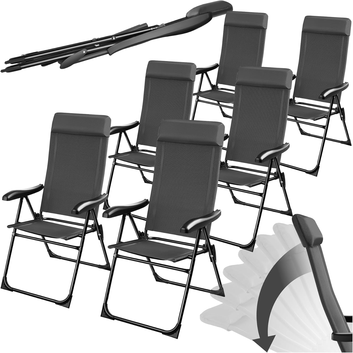 tectake? Set 2 Sedie Campeggio Pieghevoli, Schienale Regolabile 7 Posizioni, Alluminio Inossidabile, Textilene Traspirante, Braccioli Ergonomici, Cuscino Poggiatesta Rimovibile Antiscivolo - Antracite