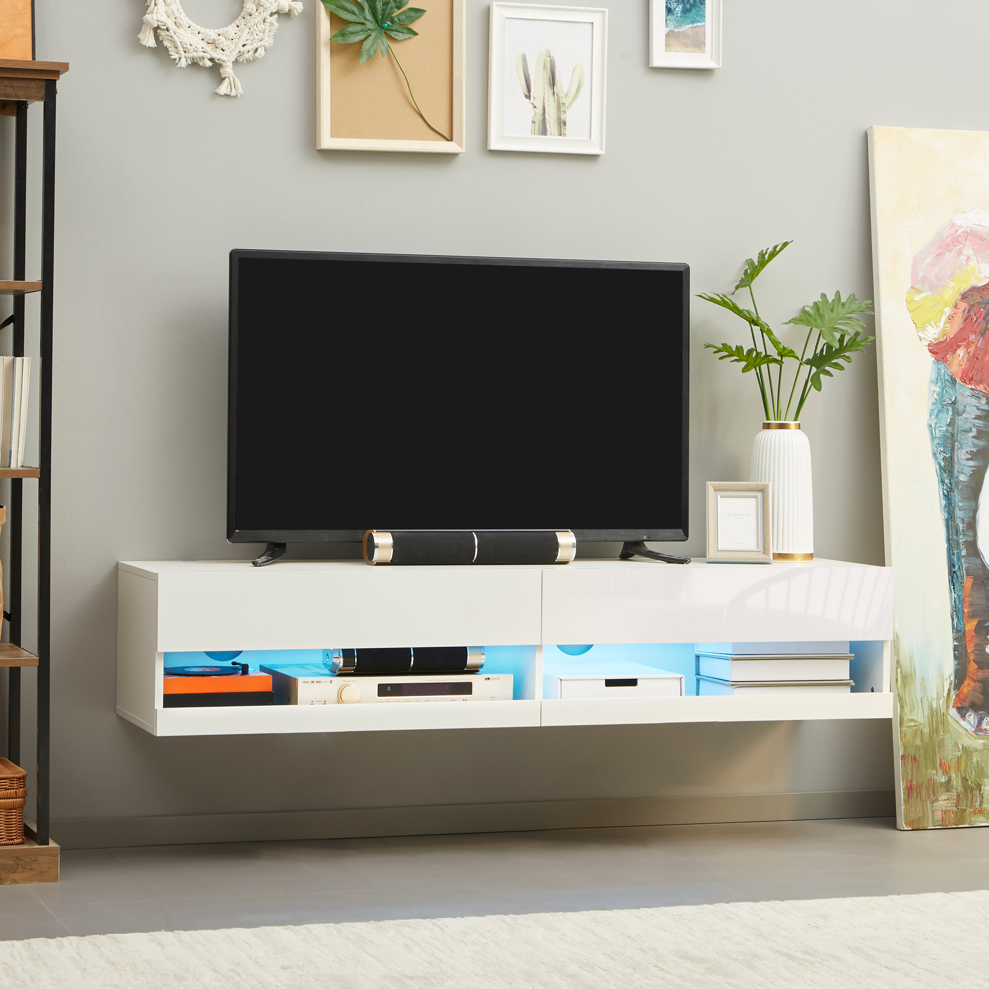 HOMCOM TV-Möbel TV-Wandmöbel mit LED im modernen Stil - Schränke mit 2 Klapptüren und 2 Kabeldurchlässen aus Holz