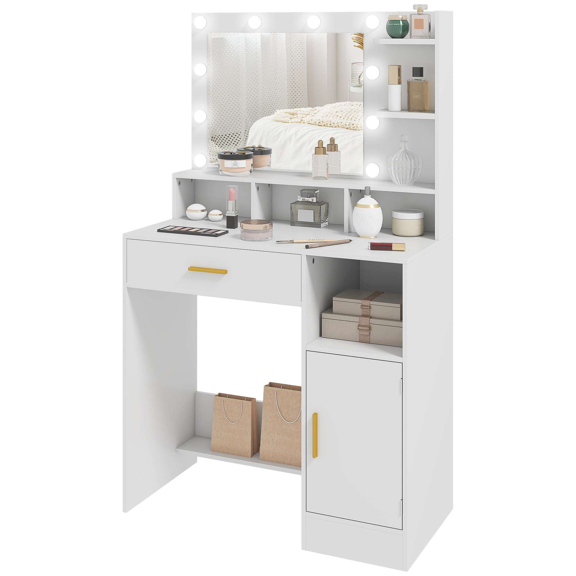 HOMCOM Frisiertisch mit LED-Spiegel und 10 Lichtern, dimmbar, Schublade, Schrank und offene Regale, 80x40x135cm, weiß