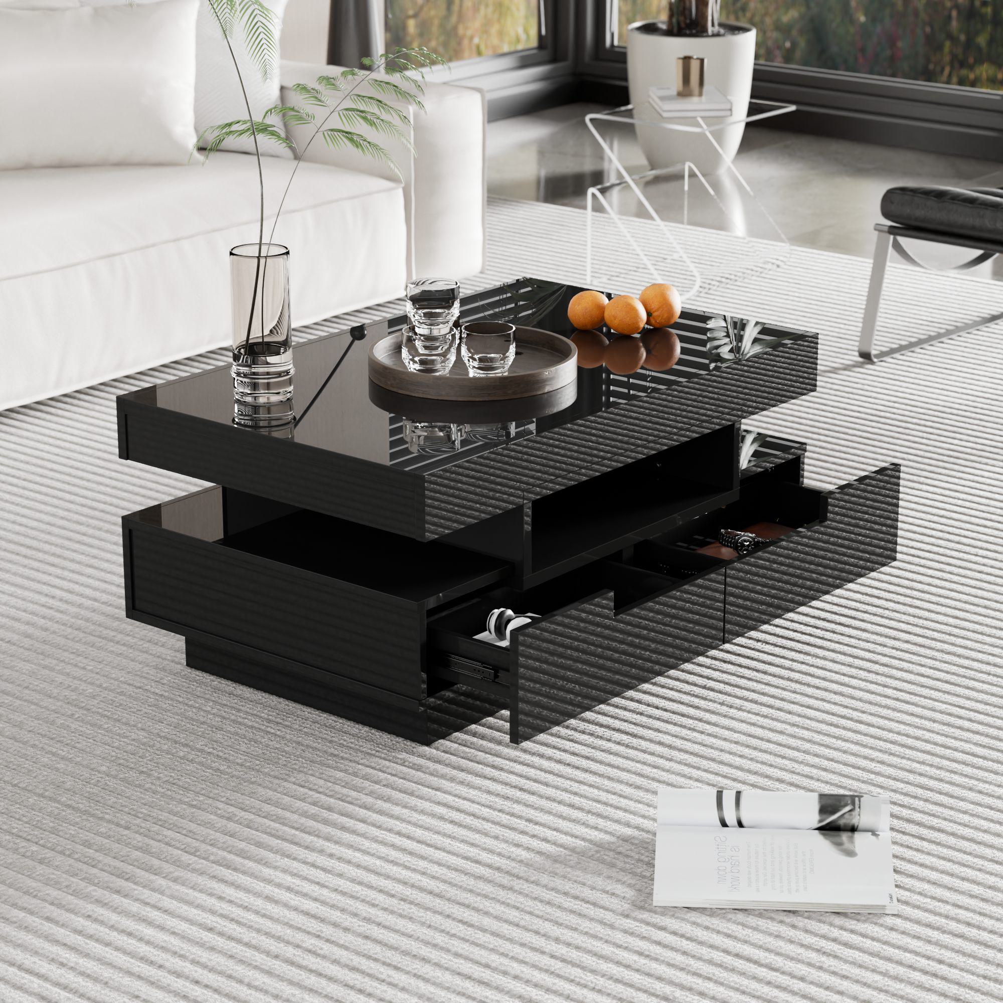 Couchtisch schwarz, LED-Lichtleiste, 4 Schubladen, 80x50 cm, moderner Wohnzimmerschmuck, Schwarz