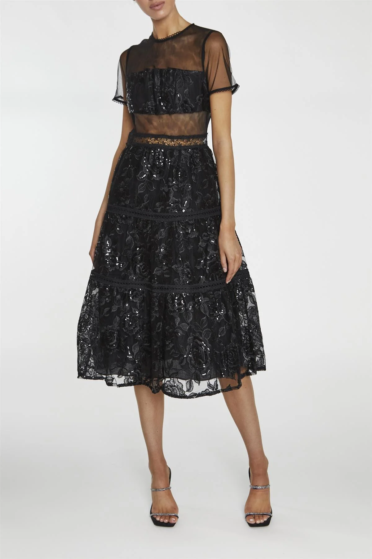 Raven Black Panelled Skater Midi Dress