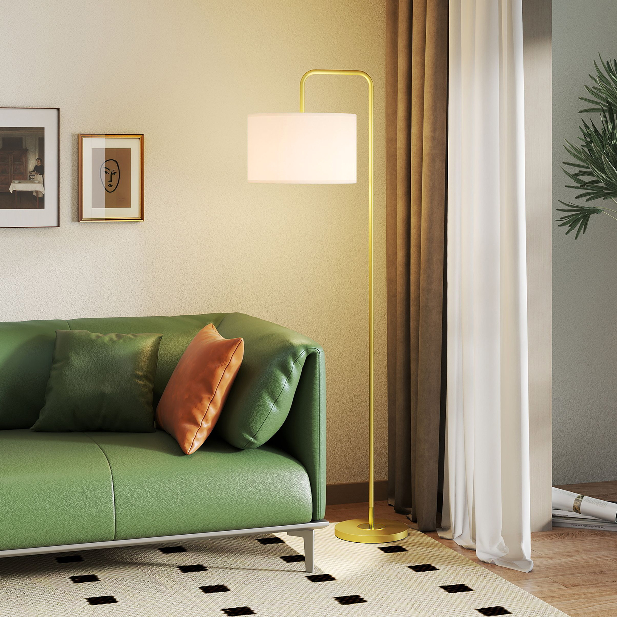 HOMCOM Moderne Stehlampe mit Leinen-Lampenschirm und Fußschalter 163,5 cm Gold und Weiß