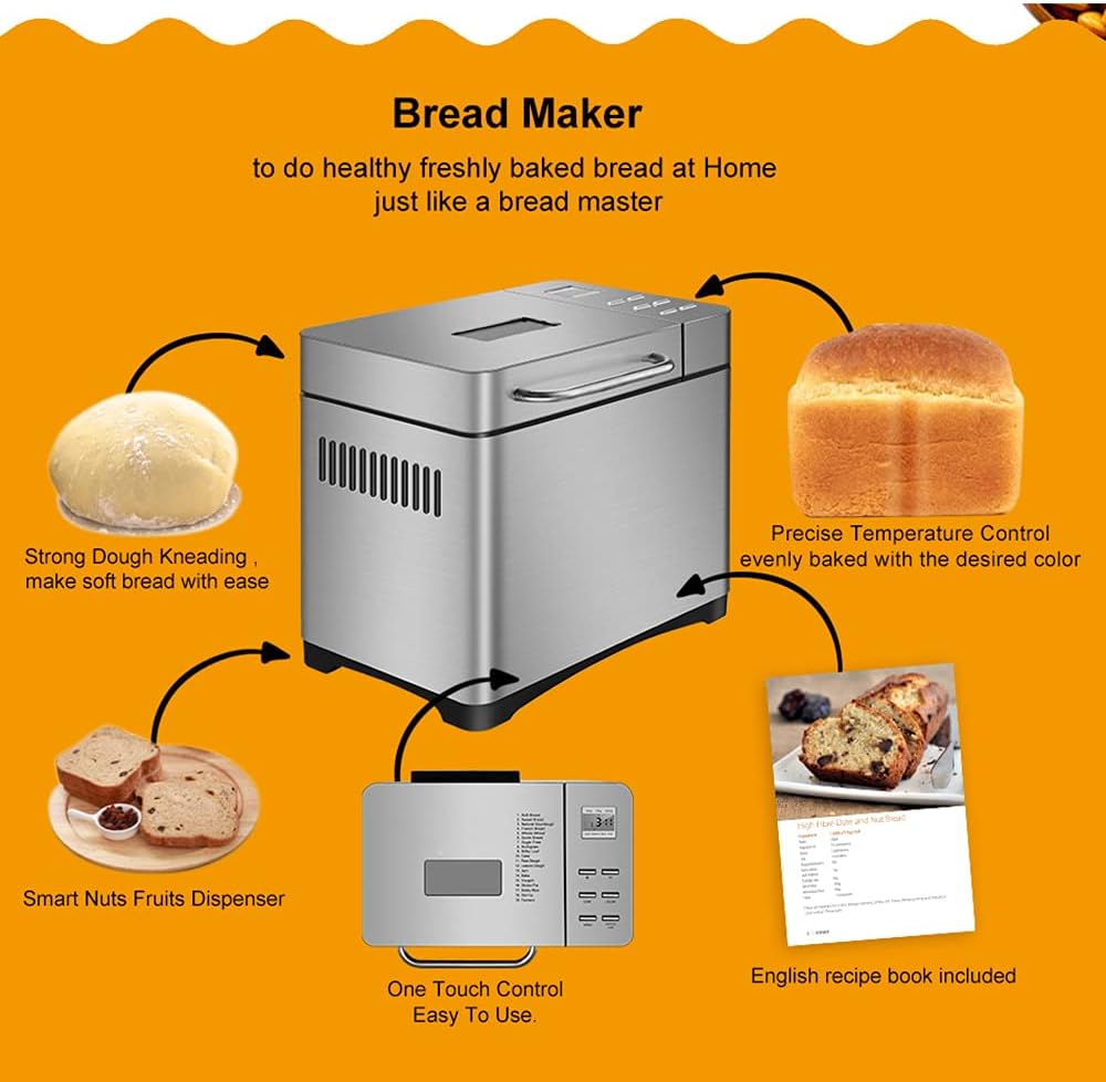 Macchina per il pane con timer e funzione automatica di mantenimento del calore, in acciaio inox, 19 programmi di cottura, 3 formati di pane e 3 colori per la preparazione di torte e marmellate