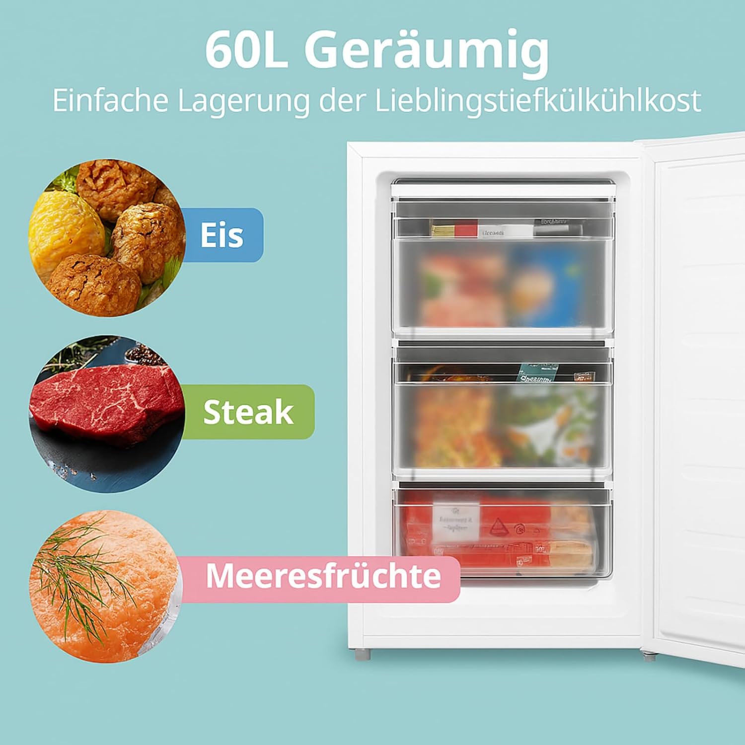 RCU60WH2(E) 60L Gefrierschrank senkrecht mit Schubladen, 3x Gefrierschublade, Eintür, einstellbare Temperatur, umkehrbare Tür, leise, Freistehend, Weiß