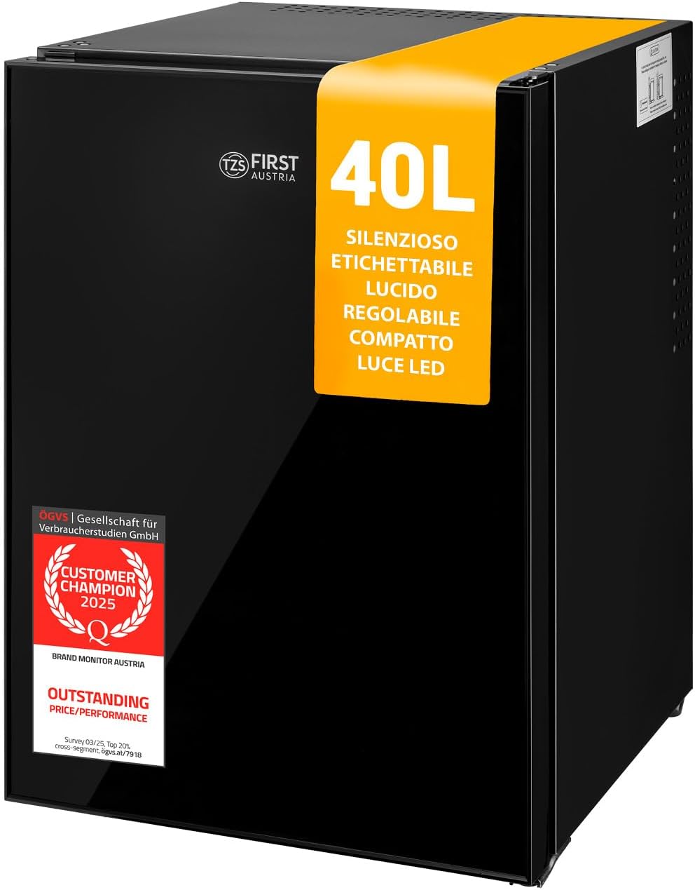 TZS First Austria Mini Fridge 40L | Completely Silent | Reversible Door Hinge | Interior Lighting | Glass Design | Minibar for Camping, Office, Hotel and Bedroom - Black