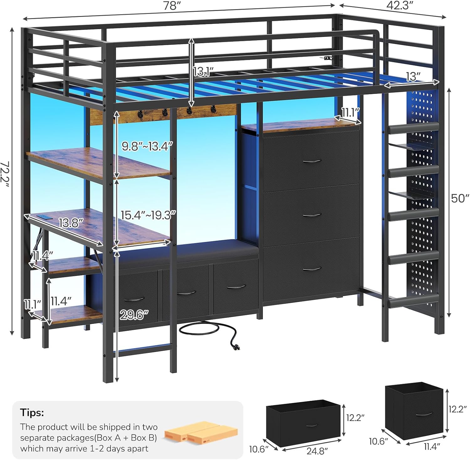 DICTAC Loft Bed Twin Size with 6 Storage Drawers,Coat Rack and Open Shelves Metal Twin Loft Bed with Desk,Charging Station and LED Light,loft beds with Large Pegboard,Stairs and Safety Guardrail,Black