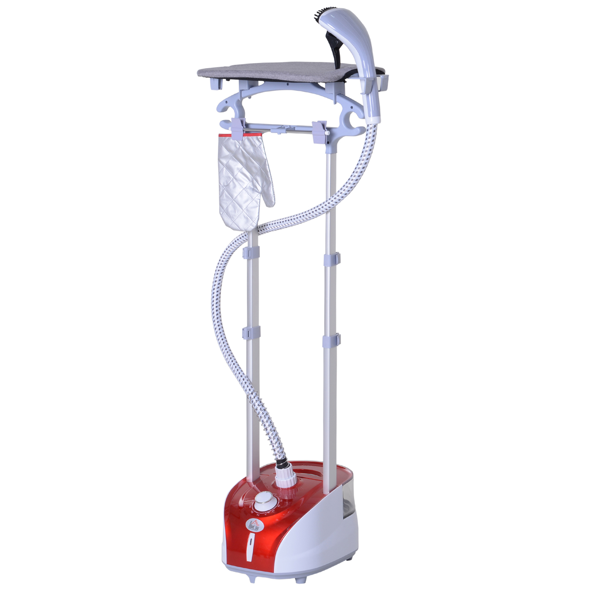 HOMCOM Dampfbügler 1950 W mit integriertem Bügelbrett, 2 L Wassertank, Teleskopstange, Handschuh + Kleiderbügel, Rot